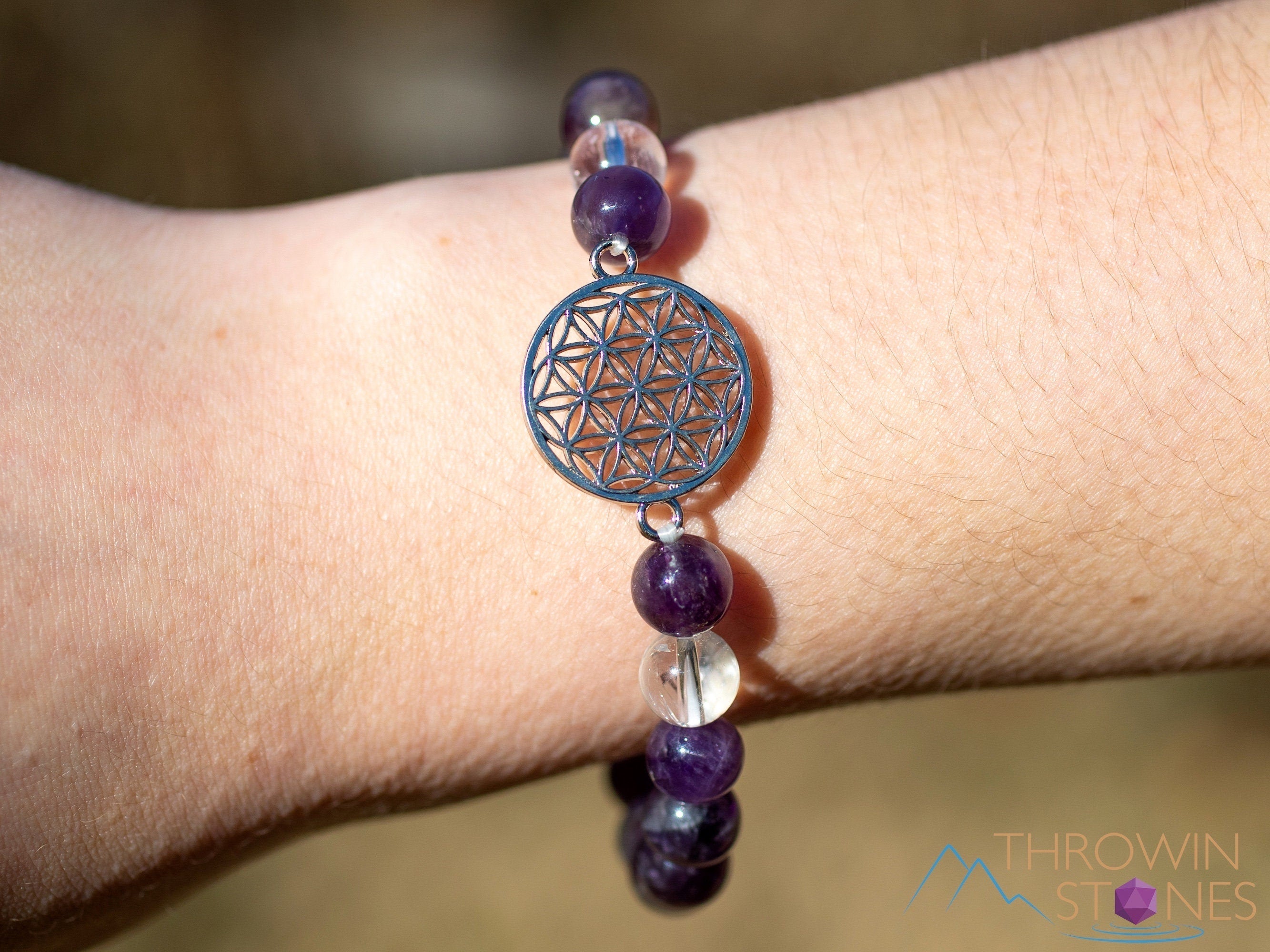 Amethyst & Clear Quartz Flower of Life Beaded Bracelet - Handmade Gemstone Charm Bracelet with Round Beads for Women - Spiritual Healing, Meditation & Yoga Jewelry Gift