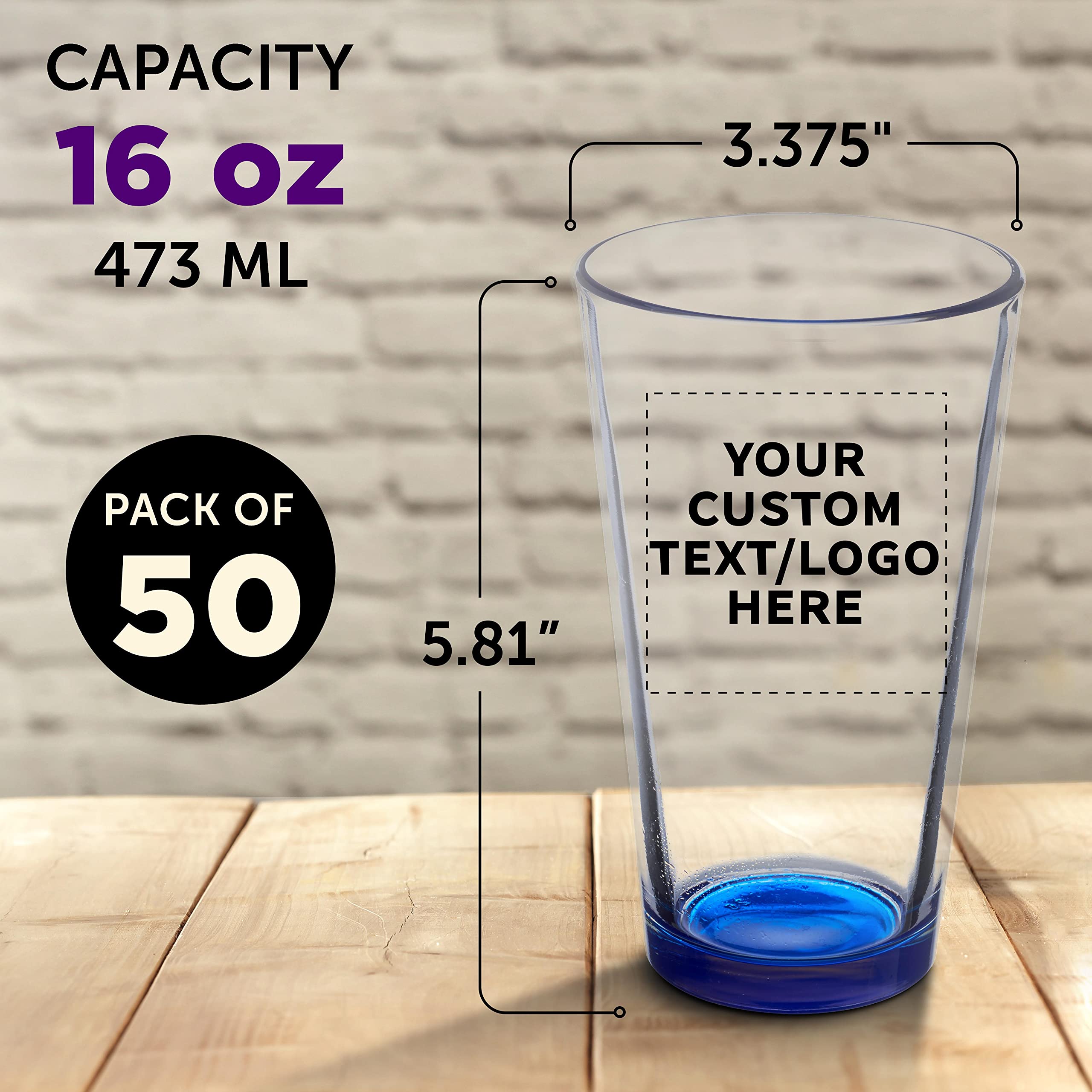 Custom Libbey 16 oz Pint Glasses Set of 50 - Personalized Bulk Beer Mugs, Heavy Duty Bar Drinkware in Blue - Perfect for Pubs, Restaurants & Party Favors