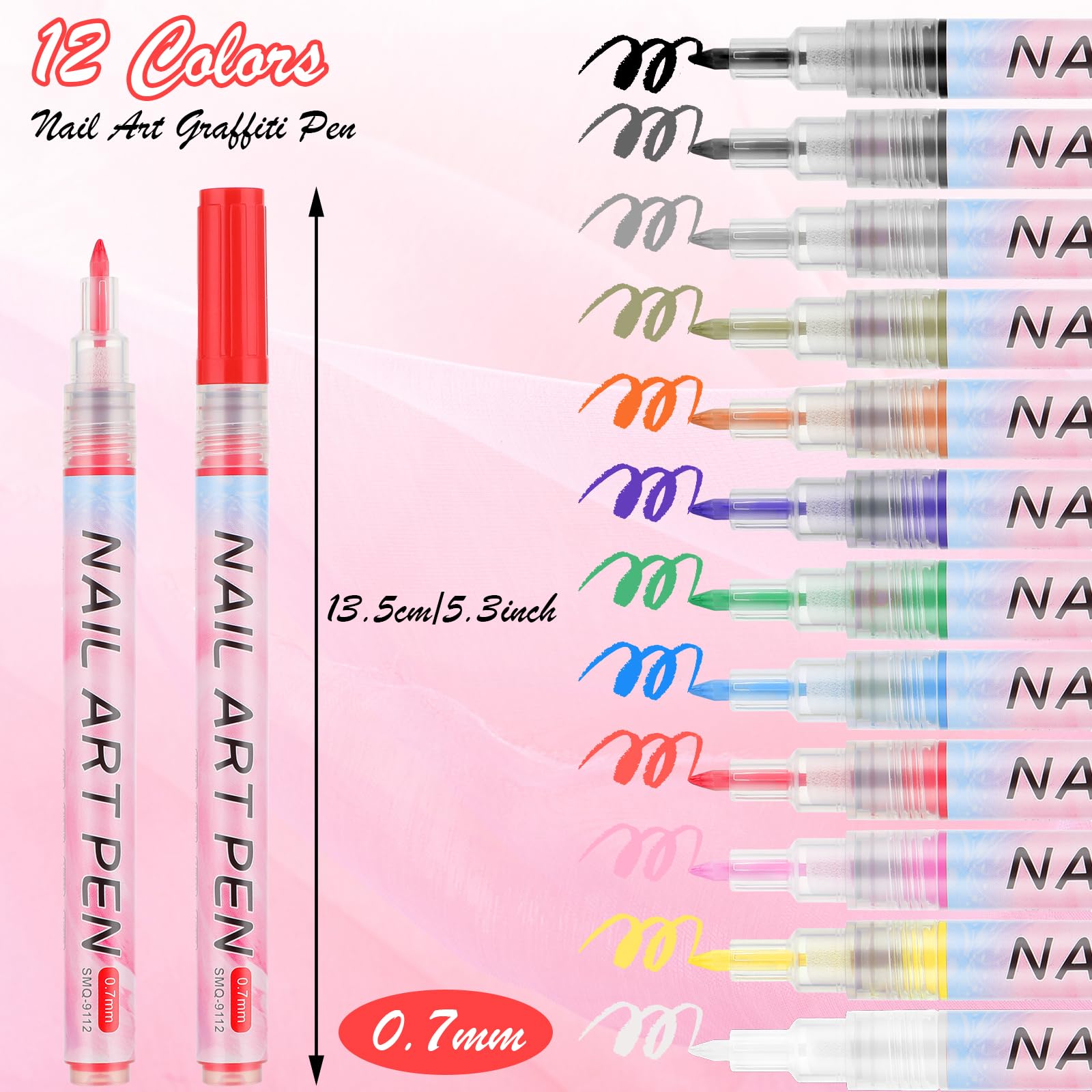 12 Colors Nail Art Drawing Pen Set - Waterproof, Quick Dry Nail Polish Pens for DIY Abstract Lines & Detail Designs (0.7mm Plastic Nib) - Perfect for Manicures, Nail Art, Salon Use & Home Beauty Care