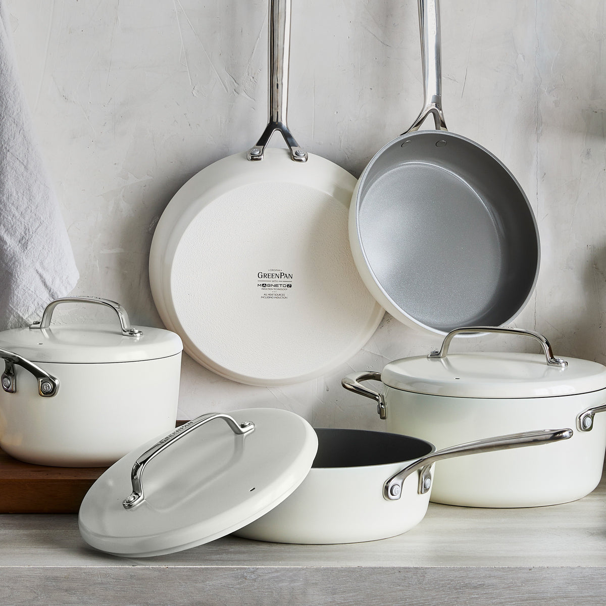 GP5 Colors Ceramic Nonstick 11-Piece Cookware Set with Mirror Handles | Cloud Cream - Perfect for Everyday Cooking, Baking & Serving | Oven & Dishwasher Safe