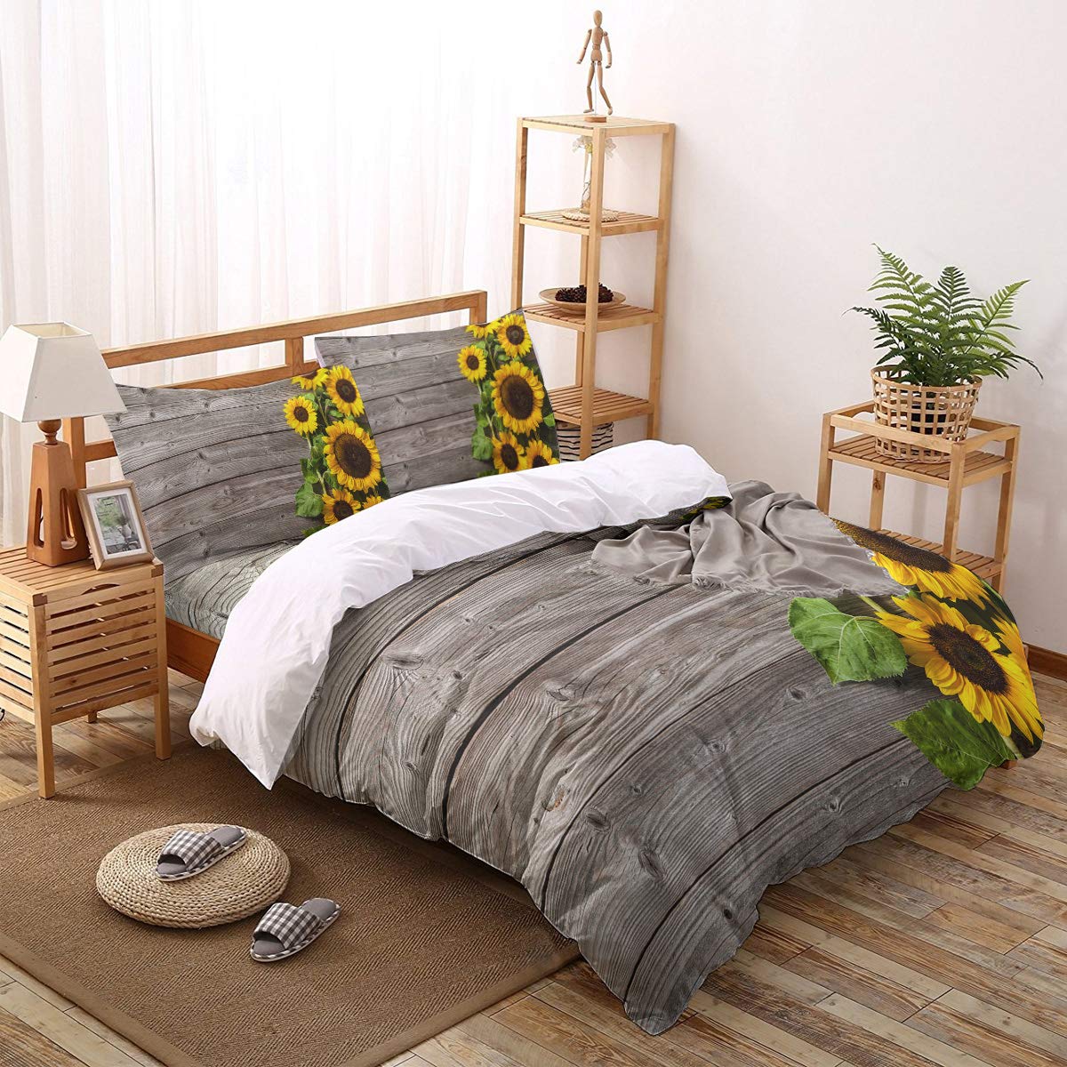 Libaoge Full Size Duvet Cover Set - 4 Piece Summer Bedding Collection with Sunflower & Wooden Board Design, Includes Flat Sheet & Pillowcases for Women, Men & Kids - Perfect for Modern Home Decor, Guest Rooms & Kids' Bedrooms