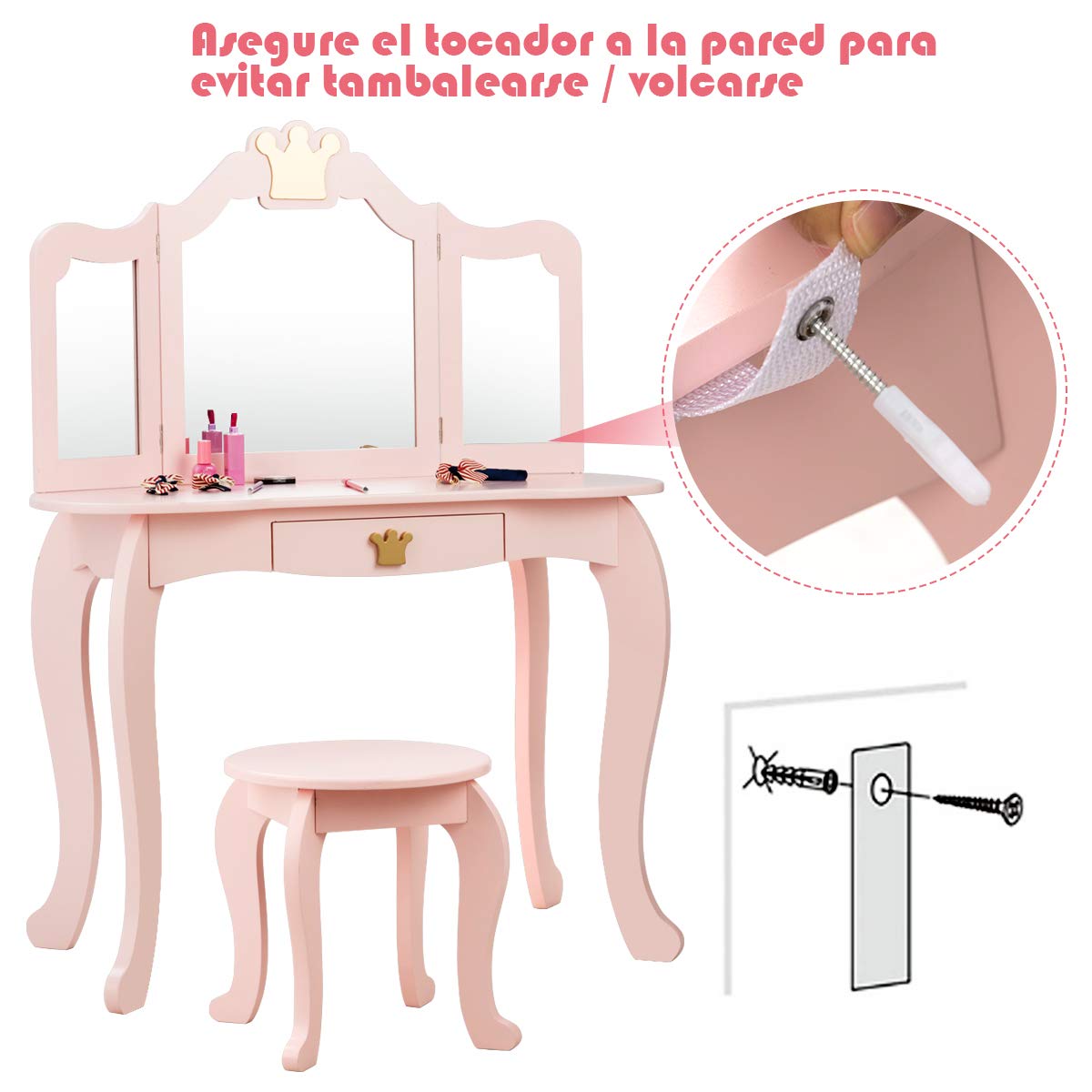 COSTWAY 2-in-1 Wooden Makeup Vanity Table with Stool & 3-Section Mirror, 80x42x105cm Kids Dressing Table with Drawer for Girls Age 3+ (Pink) - Perfect for Bedroom, Playroom & Birthday Gifts