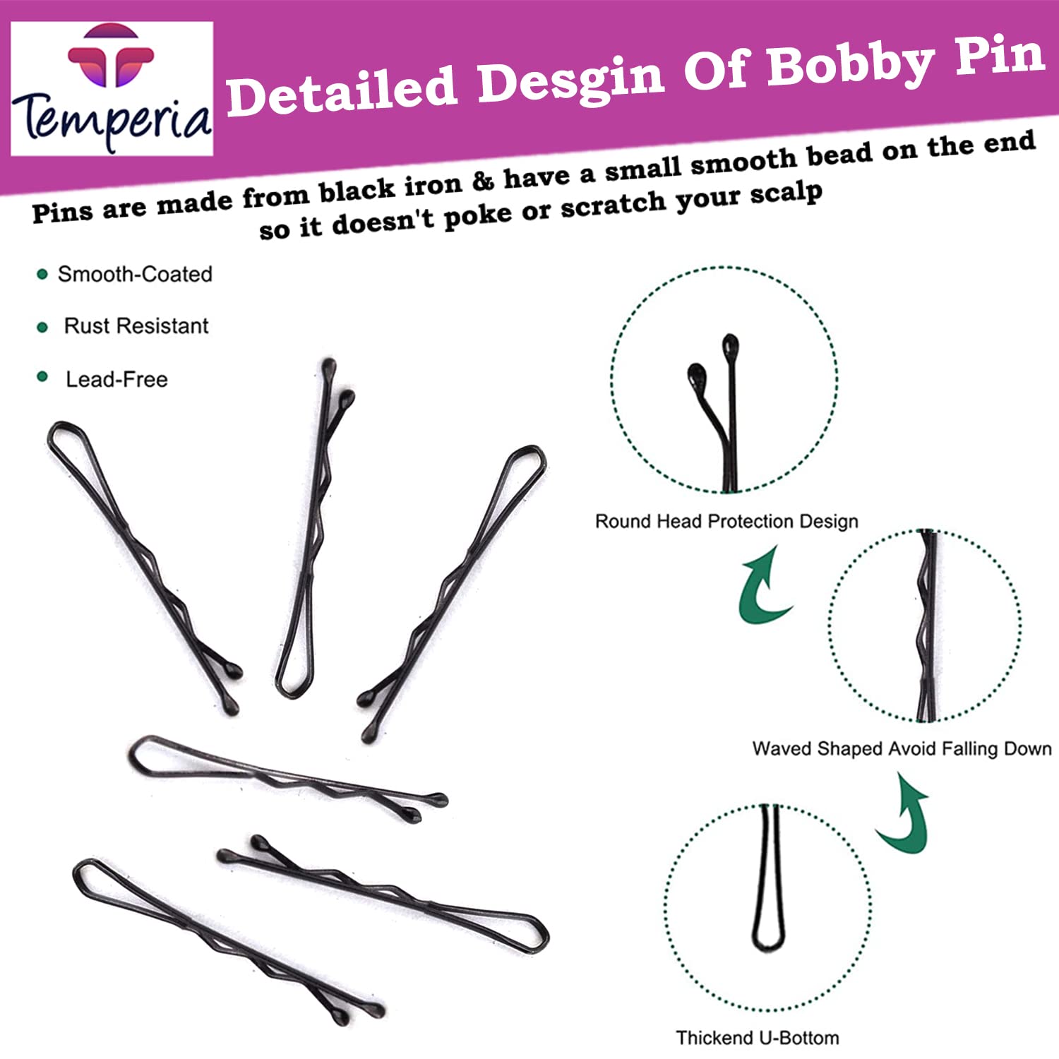 Temperia Small Bobby Hair Pins for Girls & Kids - 100 Pack (3.5cm) | Stylish Hair Clips for Women & Children | Black Hair Styling Accessories for School, Parties & Everyday Hairstyles