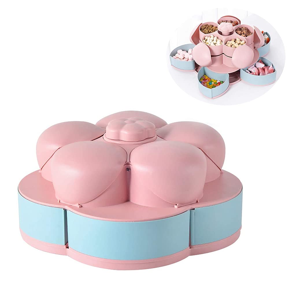 Double Deck Snack Box - 10 Grid Rotating Candy Serving Tray for Dried Fruit, Nuts, Chips & Olives | Flower-Shaped Creative Storage Container (Pink) - Perfect for Parties, Movie Nights & Home Entertaining