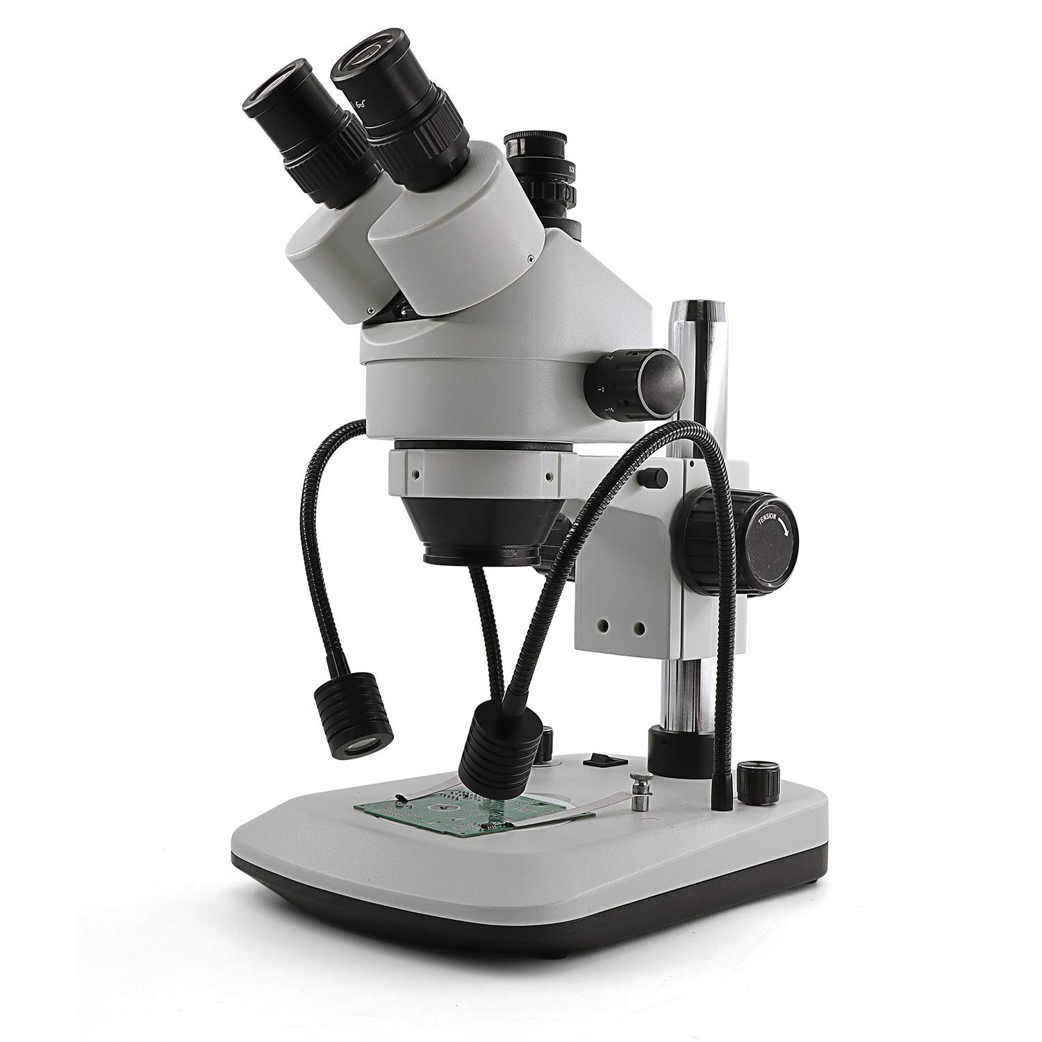 Swift S7-TGL-CA05 Trinocular Stereo Microscope with 7X-45X Zoom, WF10X Eyepieces, Gooseneck & Transmitted LED Lights - Perfect for Jewelry Appraisal, Coin Collecting, PCB Inspection, and Biological Research (110V, Pillar Stand)