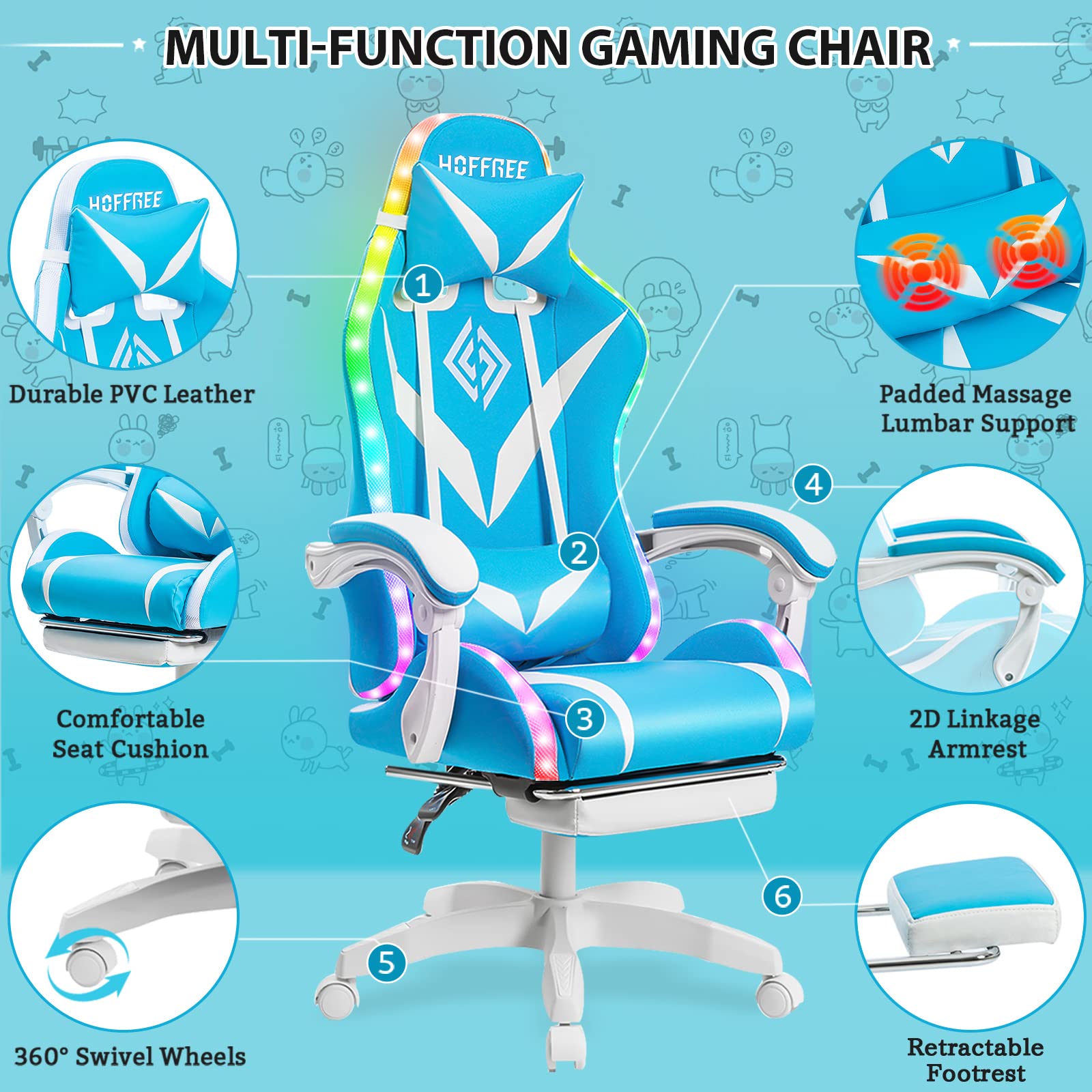Ergonomic Gaming Chair with LED RGB Lights, Massage & Adjustable Lumbar Support - High Back Computer Chair with Footrest & Linkage Armrest - Light Blue & White for Esports, Streaming & Home Office Use