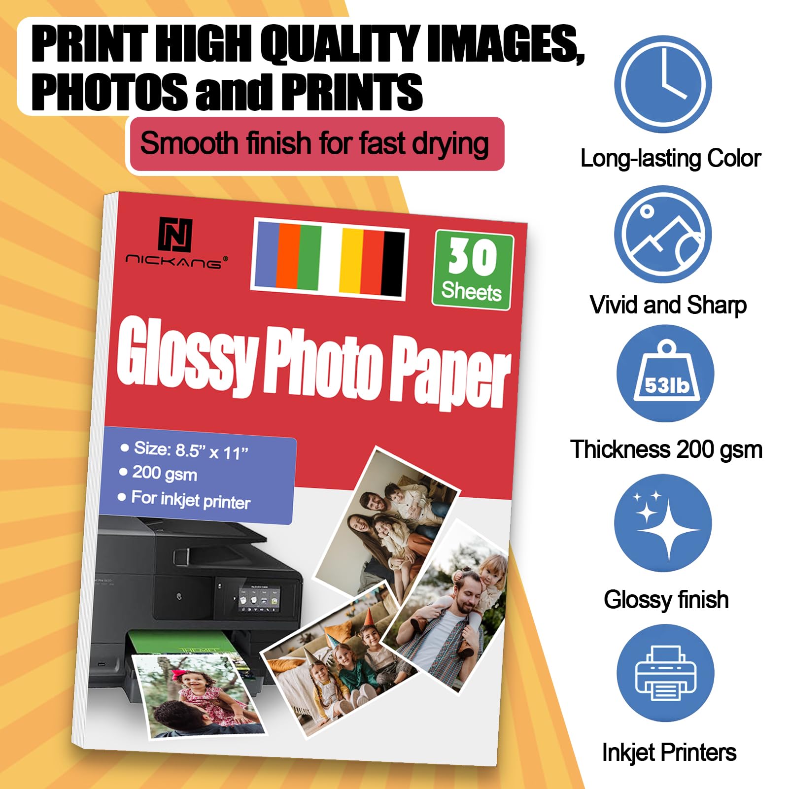Premium Glossy Photo Paper 8.5x11 Inches - 200 GSM High-Quality Inkjet Printer Paper for Vibrant Photos - Letter Size (30 Sheets) - Perfect for Photo Printing, Scrapbooking & Home Decor