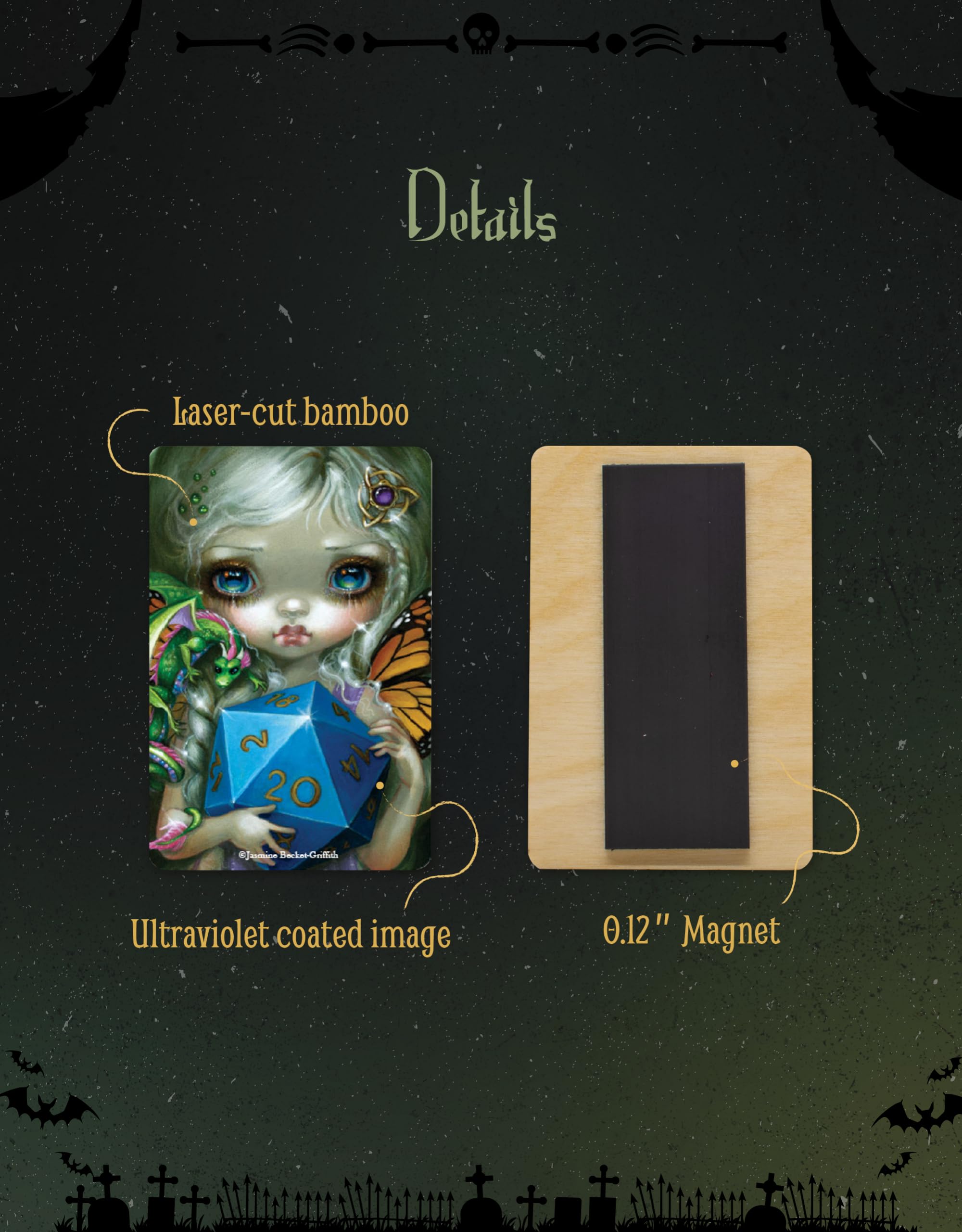 Jasmine Becket-Griffith Gothic Fairy Tale 20-Sided Dice Fairy Wood Magnet - Laser-Cut UV-Coated 2x3 Inch Decorative Fridge Magnet for D&D Gaming, Home Office & Gothic Decor (1238-LM)
