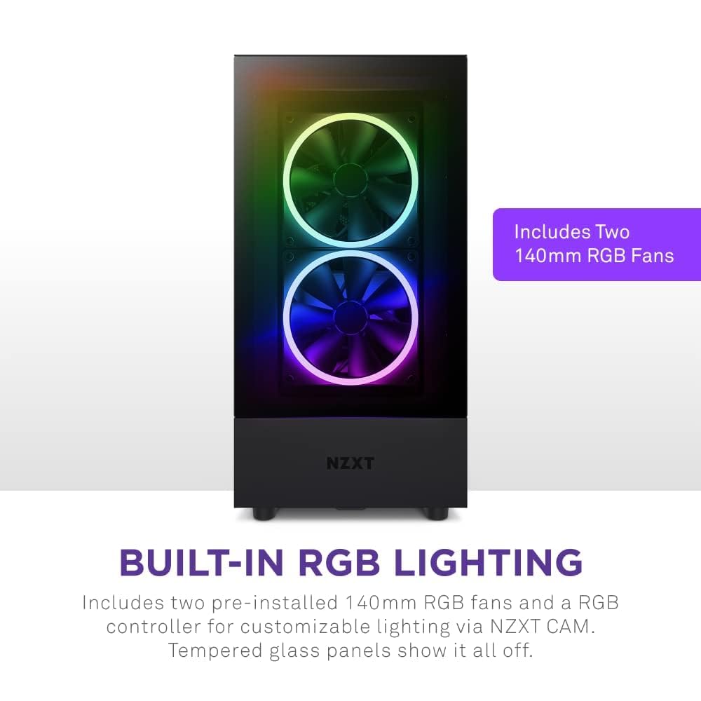 NZXT H5 Elite Compact ATX Mid-Tower PC Gaming Case - Tempered Glass Panels, RGB Lighting & 2x140mm Fans | Perfect for Gaming Rigs & Streaming Setups | Black (CC-H51EB-01)