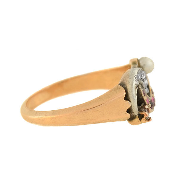 14K Gold Victorian Style Double Crescent Ring with Diamond, Pearl & Ruby - Elegant Vintage Jewelry for Weddings, Anniversaries & Special Occasions