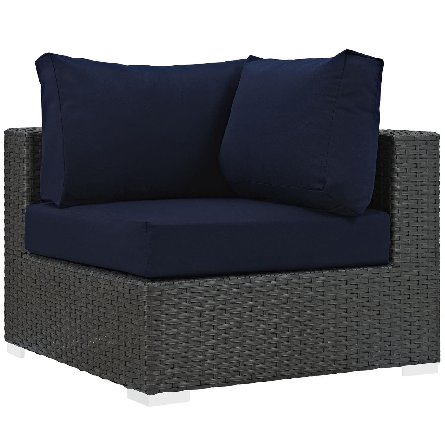 Modway Sojourn 5-Piece Outdoor Wicker Rattan Patio Sectional Set with Sunbrella Navy Canvas Cushions - Perfect for Backyard, Poolside & Garden Relaxation