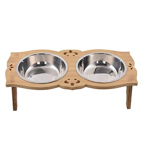 Premium Dual-Section Solid Wood Raised Pet Feeder Stand with Stainless Steel Bowls - Elevated Dog & Cat Food and Water Station for Dining Comfort, Kitchen or Living Room Use