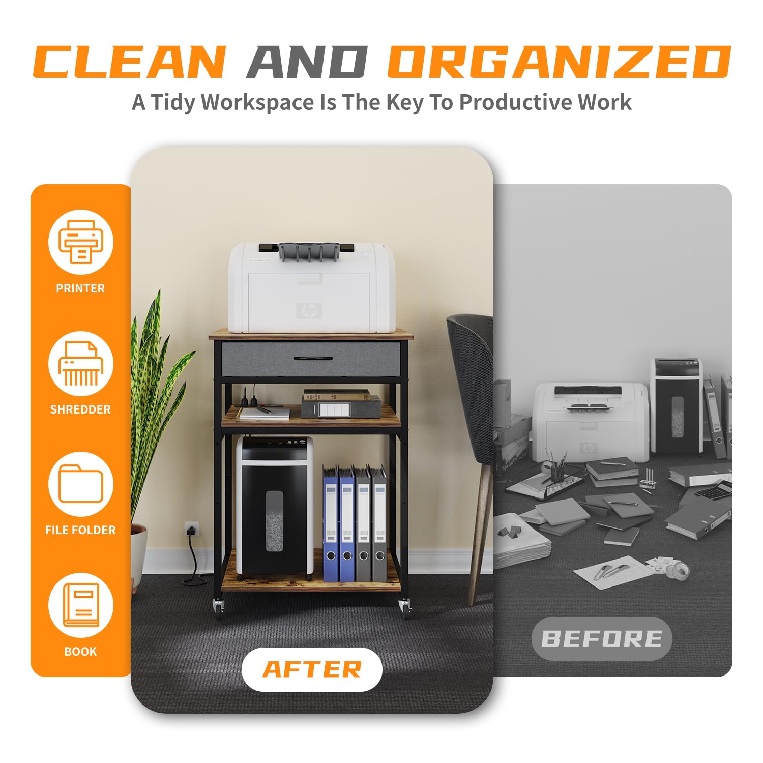 3-Tier Adjustable Printer Stand with Drawers, Wheels & Power Outlets - Large Rolling Printer Cart with USB Ports & Storage Shelf for Home Office Organization - Perfect for Laser/Inkjet Printers, Scanners & Office Equipment (Brown)
