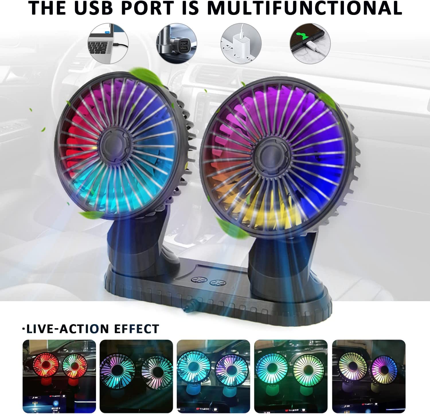 360° Adjustable Dual Head Car Fan - Brushless Motor, Low Noise, USB Powered Cooling Fan for Cars, SUVs, RVs, Trucks & Boats (With Color LED Light) | Perfect for Road Trips, Camping & Summer Driving