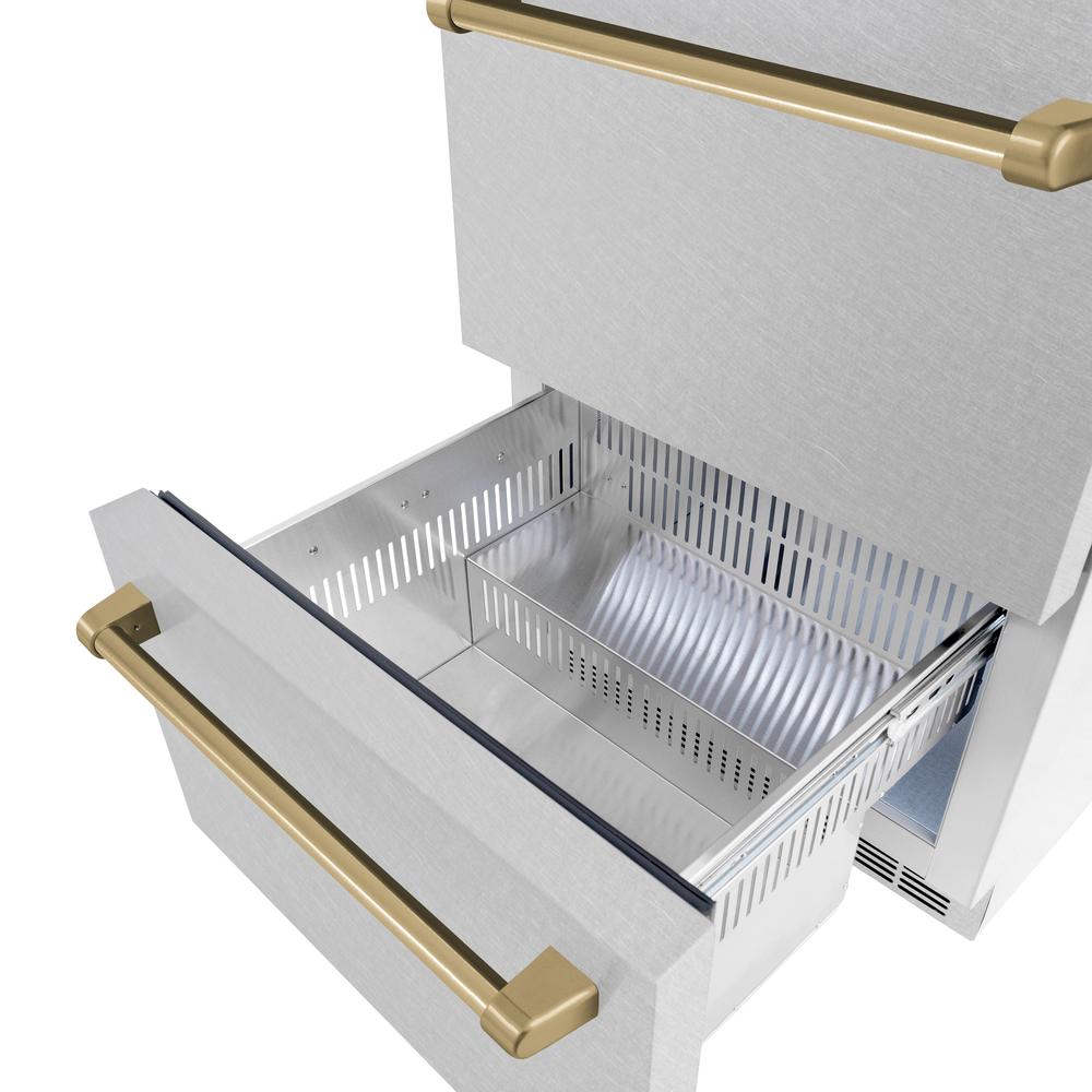 ZLINE Autograph Edition 24-inch Outdoor Rated Dual Refrigerator Drawer with Satin Stainless Steel Doors & Champagne Bronze Handles - 168 Can Capacity (RDSOZ SN 24 CB) | Perfect for Outdoor Kitchens, Patio Bars & Entertaining Spaces