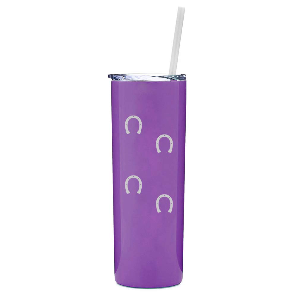 20 oz Skinny Tall Stainless Steel Vacuum Insulated Tumbler with Straw - Horse Shoe Tracks Design (Purple) - Perfect for Travel, Office & Outdoor Activities