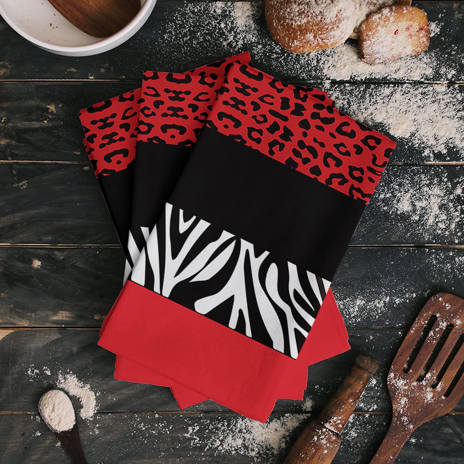 Premium Absorbent Microfiber Kitchen Towels Set of 4 - Red Leopard Zebra Animal Print Dish Cloths, Soft Reusable Washable Tea Towels for Kitchen & Bathroom - Decorative Bar Towels in Red Black White - Perfect for Cooking, Cleaning, Dish Drying & Home Decor