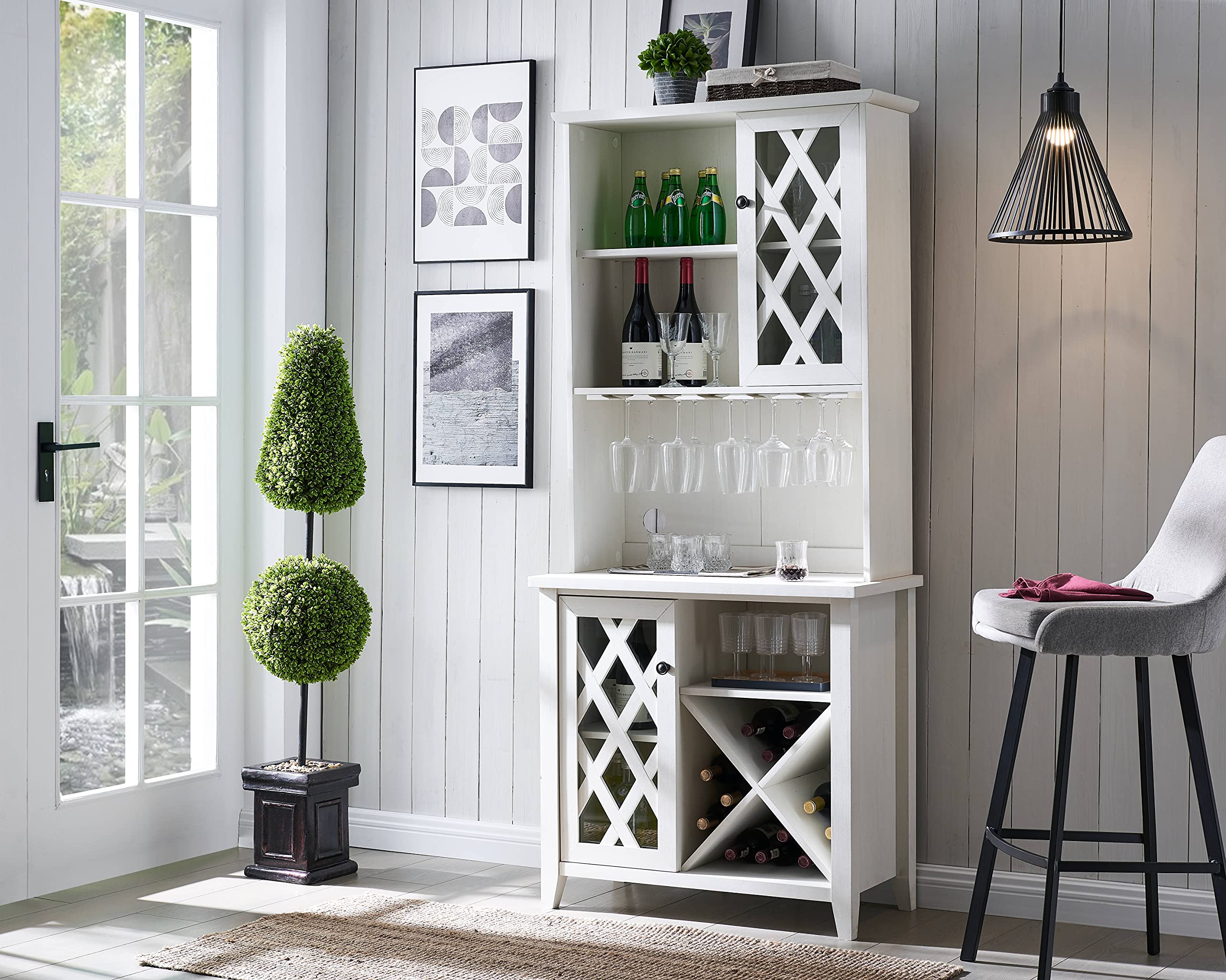 White Microwave Stand with Open & Closed Cabinets - Kitchen Pantry Organizer with Wine/Bottle Rack | Perfect for Small Spaces & Apartment Kitchens