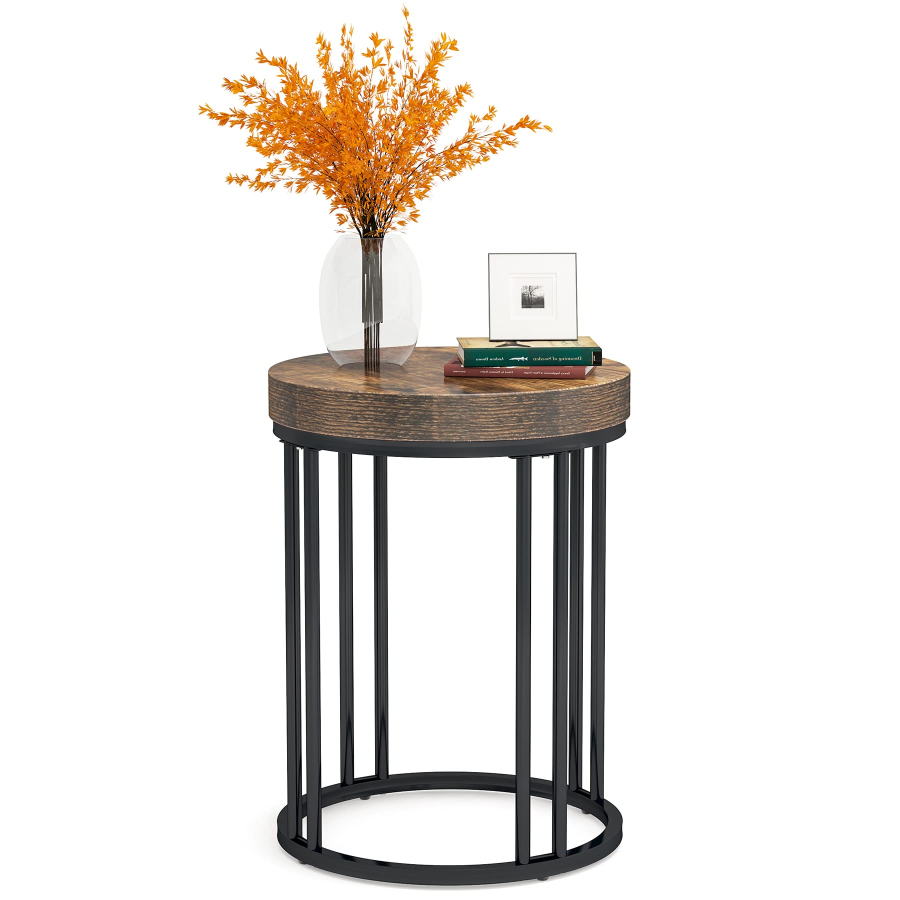 Modern Round End Table with Metal Frame & Wooden Circle Top - Rustic Brown & Black Nightstand for Bedroom, Living Room, Sofa - Space Saving Accent Table Easy to Assemble - Perfect for Small Spaces, Apartments & Home Decor