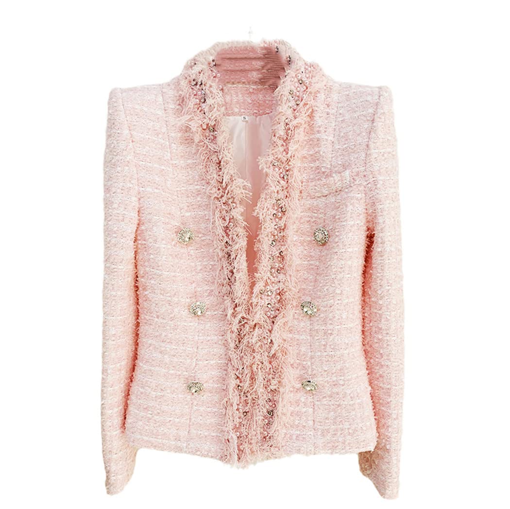 Luxury Pink Tweed Jacket for Women - Winter Beaded Cardigan with Tassels | Warm Thick Blazer Coat for Office, Parties & Date Nights