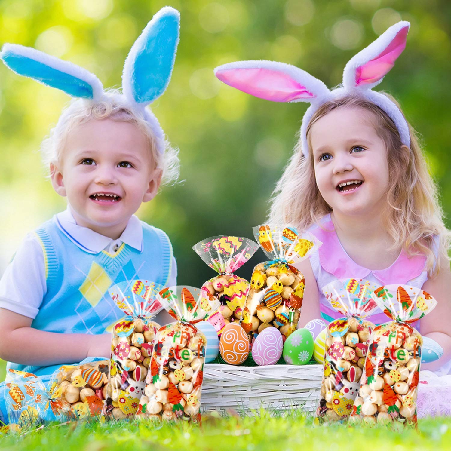 Blulu 100-Piece Easter Treat Bags Set - Clear Cellophane Goodie Bags with Bunny, Chick & Carrot Designs + 100 Silver Twist Ties - Perfect for Easter Egg Hunts, Classroom Treats & Party Favors
