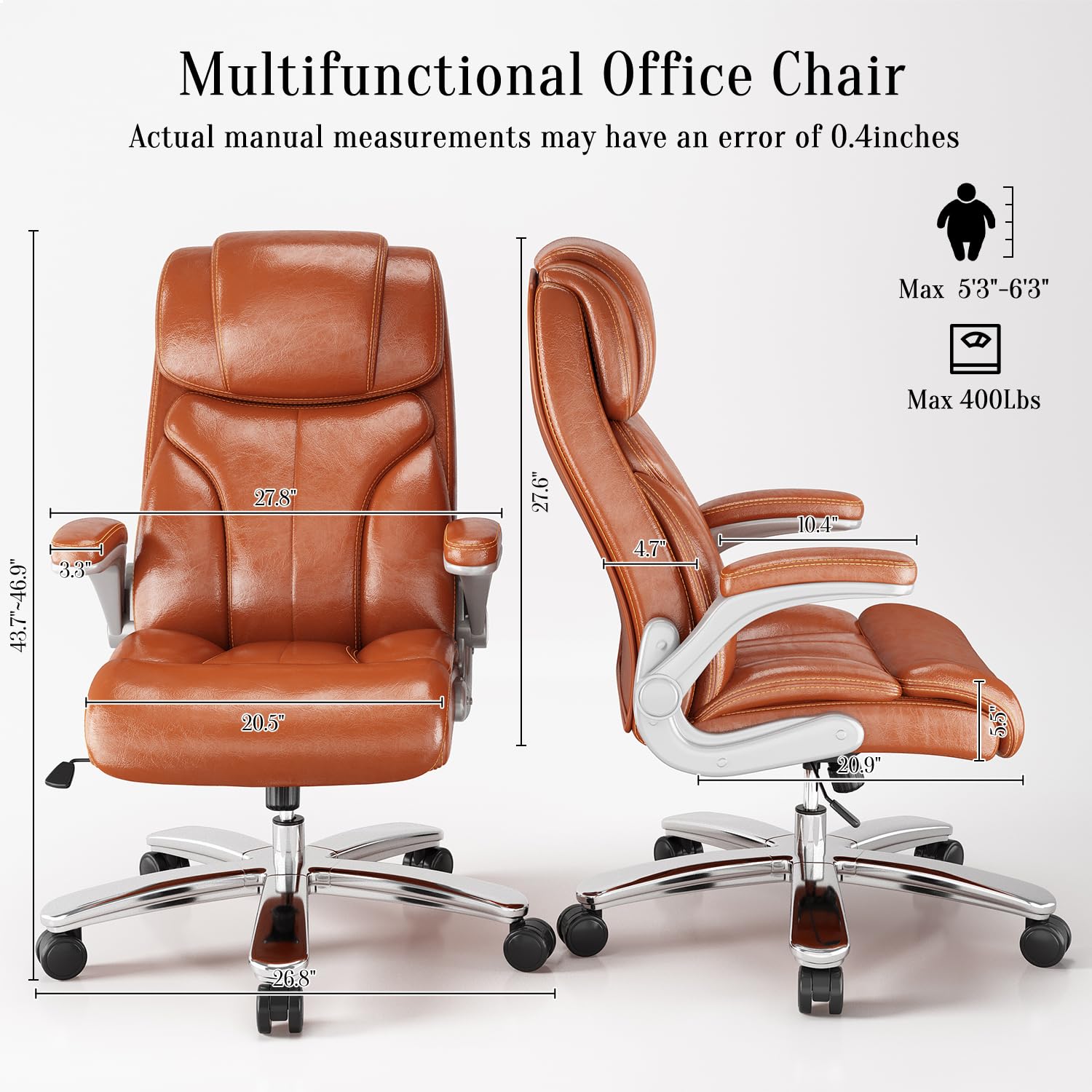 Premium Leather Executive Office Chair - High Back Big & Tall Desk Chair with Wheels, Flip-Up Arms & Lumbar Support - Ergonomic Computer Chair for Home Office (Orange) - Perfect for Long Work Hours & Professional Workspaces