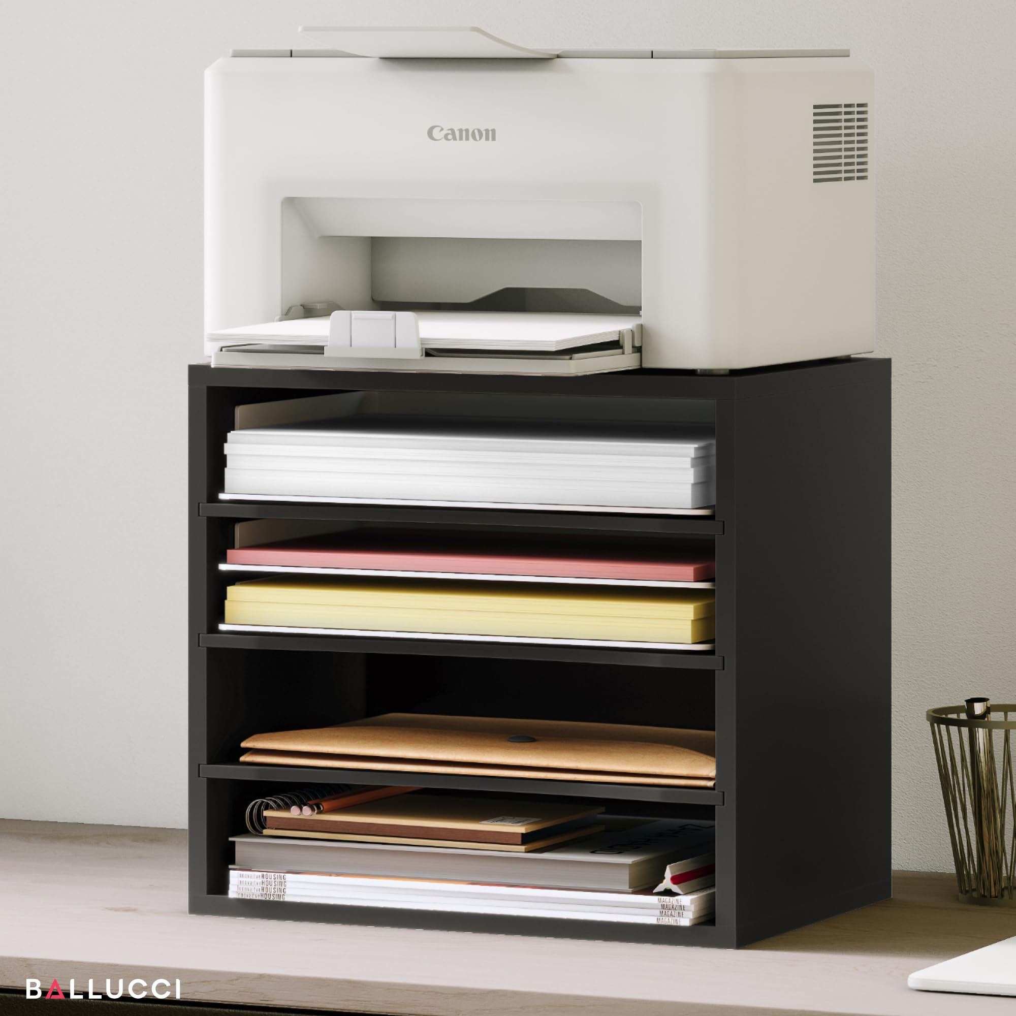 Ballucci 4-Tier Stackable Paper Organizer Tray - Black Desk Storage Shelves for Letter Paper, Documents & Files | Perfect for Office, Classroom & Home Workspace Organization