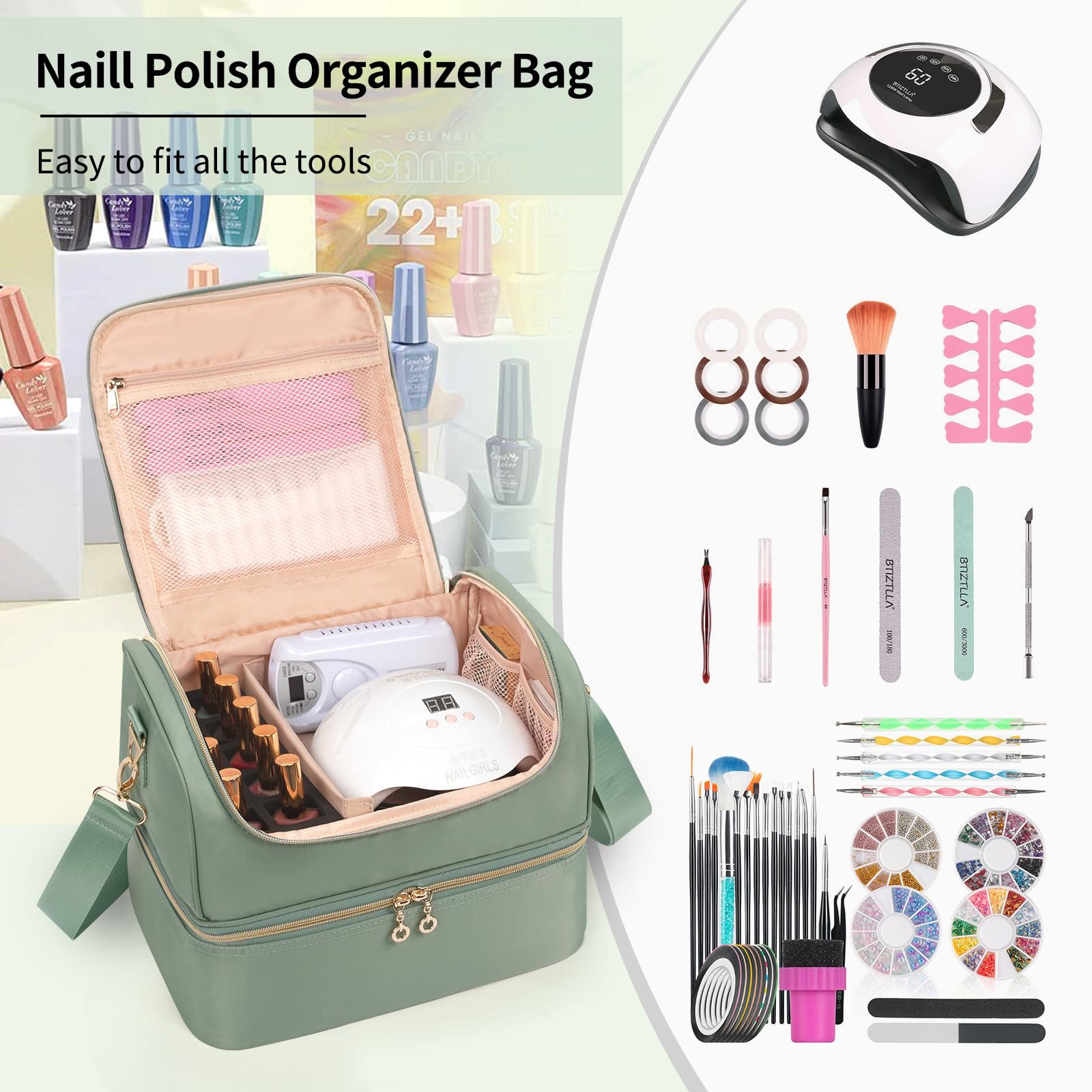 45 Bottle Nail Polish Organizer Case with Nail Lamp Holder - Portable Travel Nail Tech Storage Box for Manicure Tools & Nail Art Supplies | Perfect for Salon Professionals & Home Nail Care