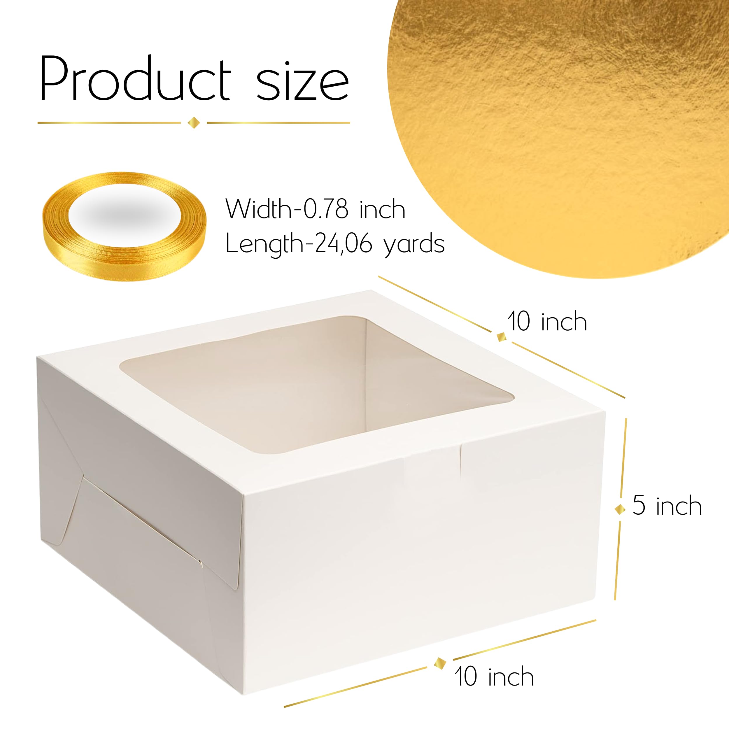 10 Inch Cake Box Set with Lids & Gold Ribbon - Disposable Bakery Boxes with Window, Cake Drum & Board for Birthday, Wedding & Party Desserts | BELMAKS Tall Cake Containers