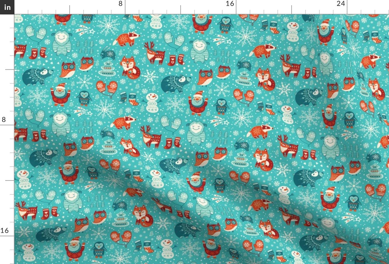 Winter Christmas Cartoon Snow Holiday Aqua Woodland Santa Foxes Printed Minky Fabric Fat Quarter - Soft Plush Fabric for Sewing Baby Blankets, Quilt Backing & DIY Crafts - Perfect for Holiday Decorations & Cozy Home Projects