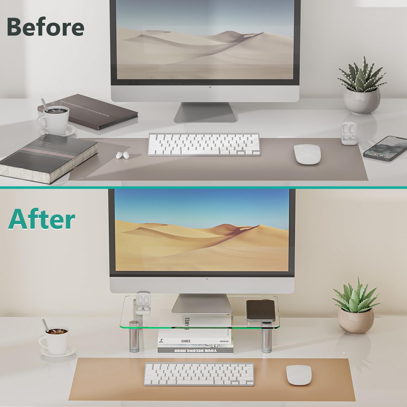 WALI Clear Glass Monitor Stand Riser for Desk - Height Adjustable Computer Monitor Stand for Laptop, TV & PC Screen (16x10 Inch) - Perfect for Home Office, Gaming Setup & Workspace Organization (GTT001)