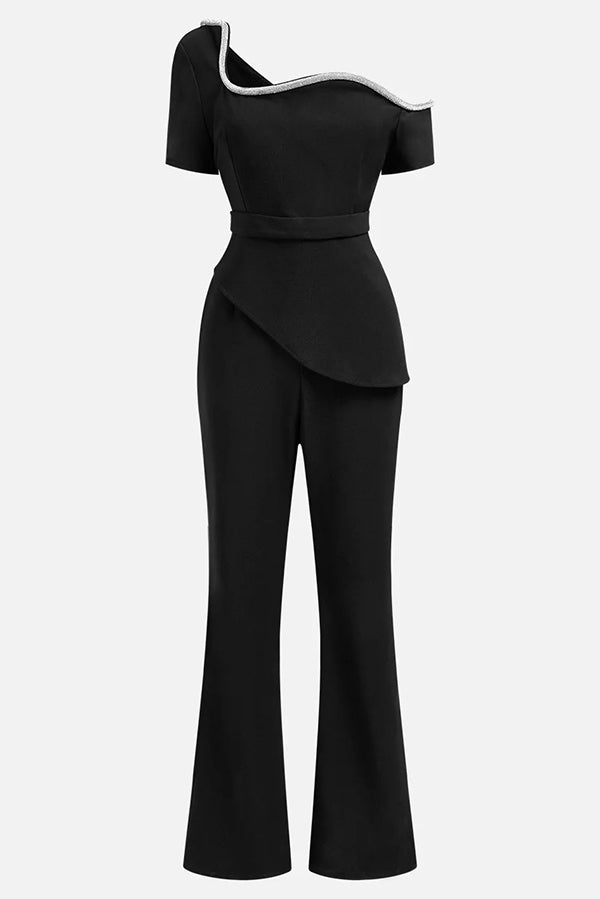 Stylish Solid Color Asymmetrical One-Shoulder Slim Waist Wide Leg Jumpsuit for Women | Perfect for Casual Outings, Parties & Summer Vacations