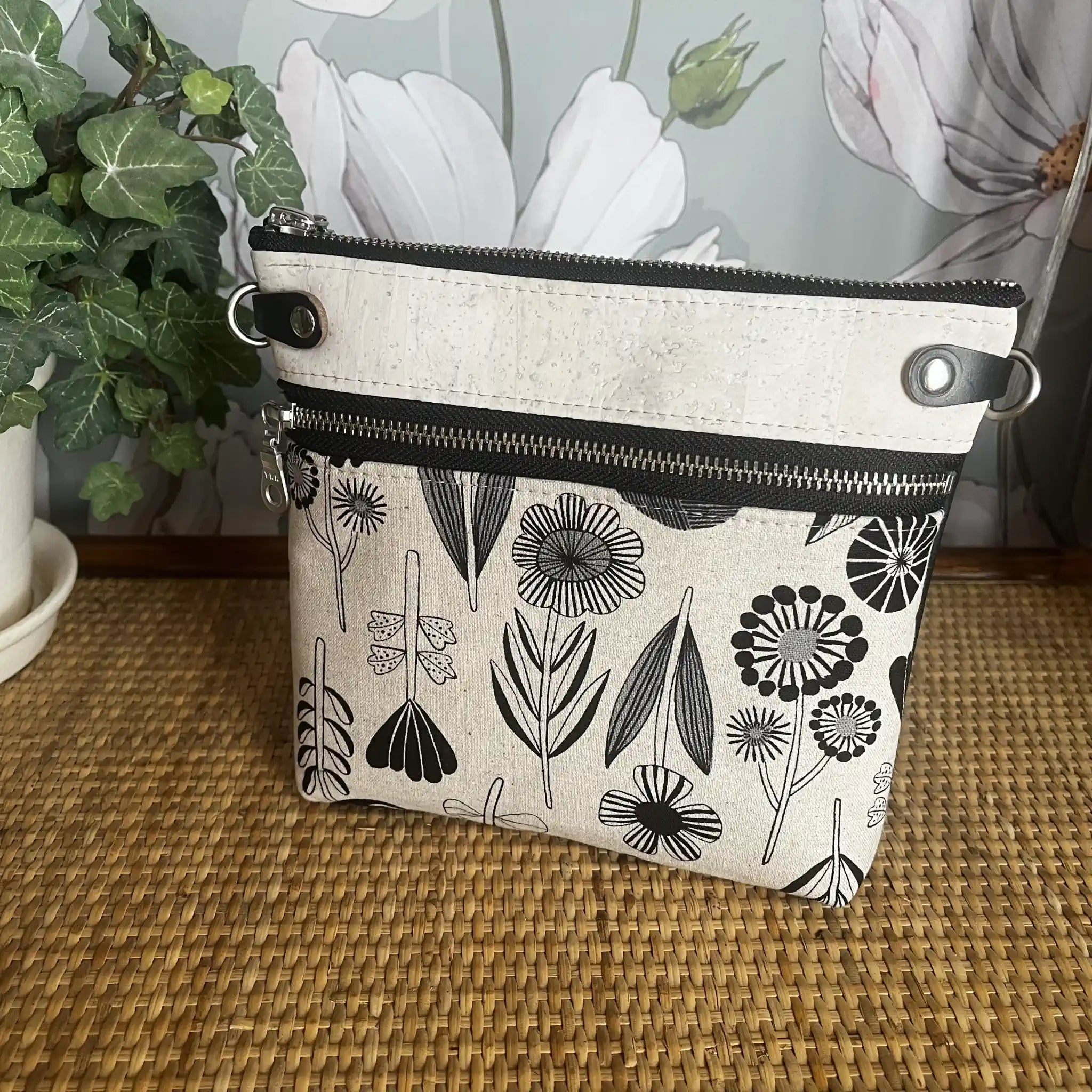 Izzy's Mom Cross Body Bag (Medium) - Off White & Black Cork with Bloom Fabric, Nickel Hardware | Stylish and Functional Purse for Women, Perfect for Daily Use, Travel, and Shopping
