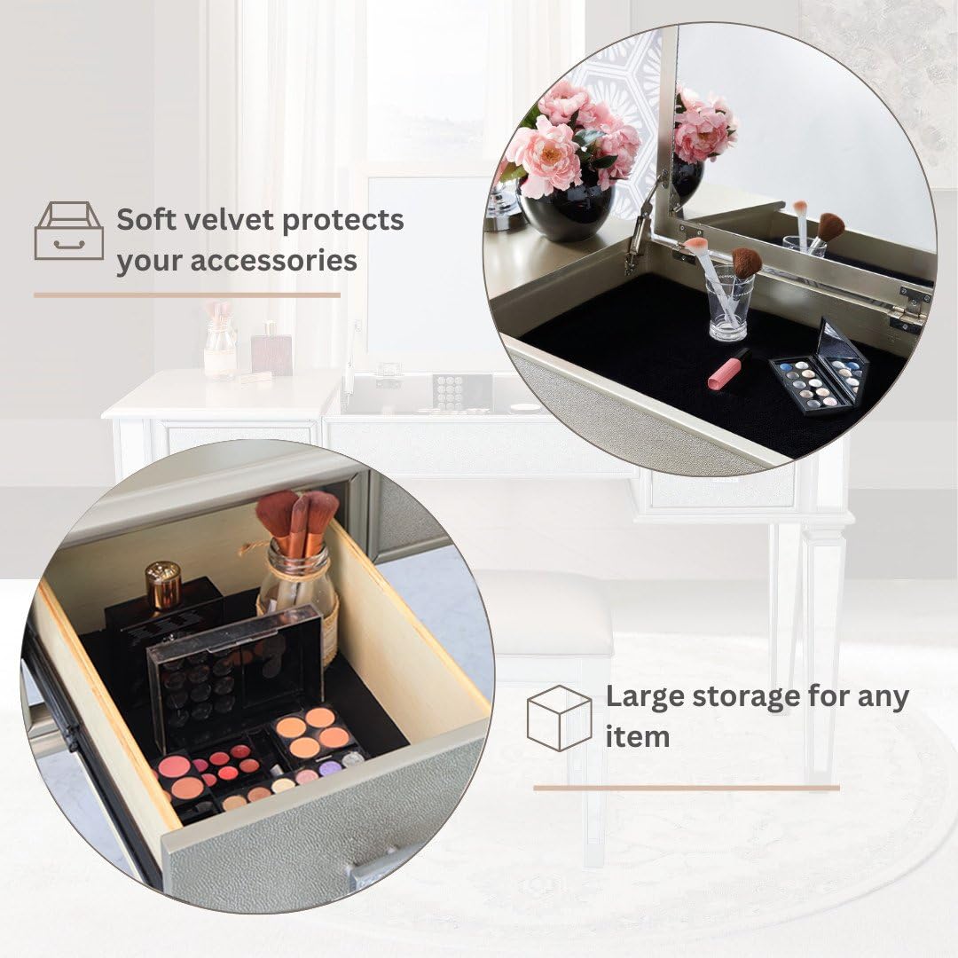 Classic Silver Makeup Vanity Desk with Mirror, Drawers & Stool - Flip-Up Dressing Table for Bedroom, Studio & Home Beauty Space - Perfect for Makeup Application, Hair Styling & Vanity Organization