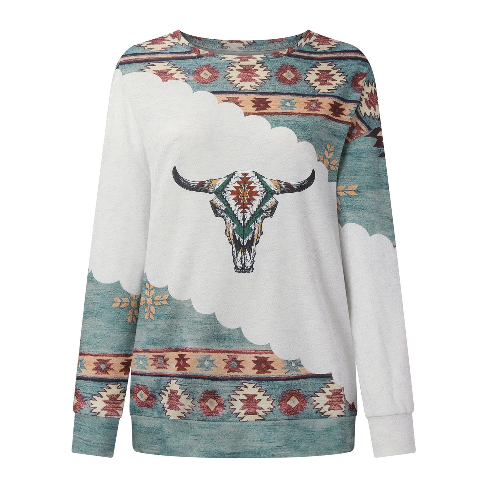Women's Western Aztec Ethnic Print Long Sleeve Crewneck Tunic Top - Boho Loose Fit Blouse for Casual Wear, Festivals & Layering