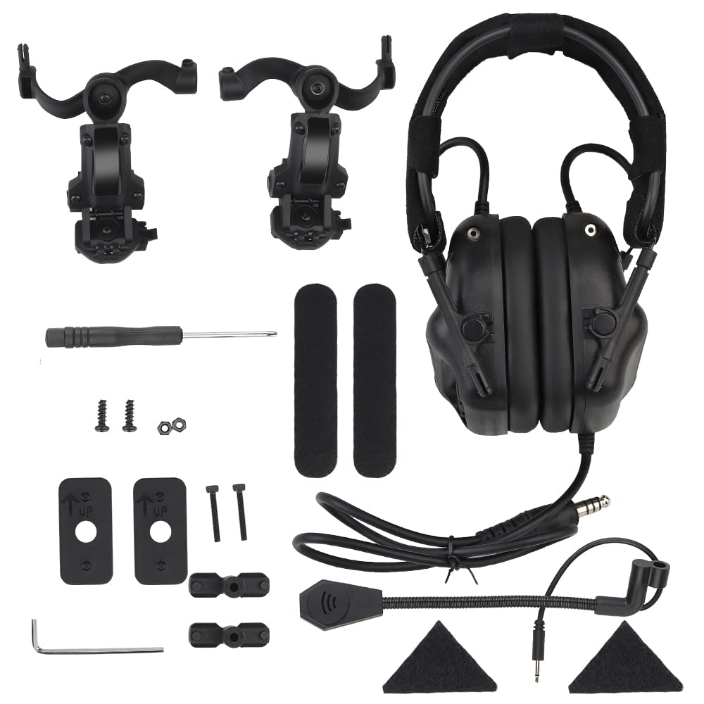 Tactical Helmet Headset with U94 PTT 2pin & ARC Rail Adapter - Compatible with Ops-Core Fast, ACH, MICH Helmets - Ideal for Airsoft, Hunting, Shooting & Military Training (Black)