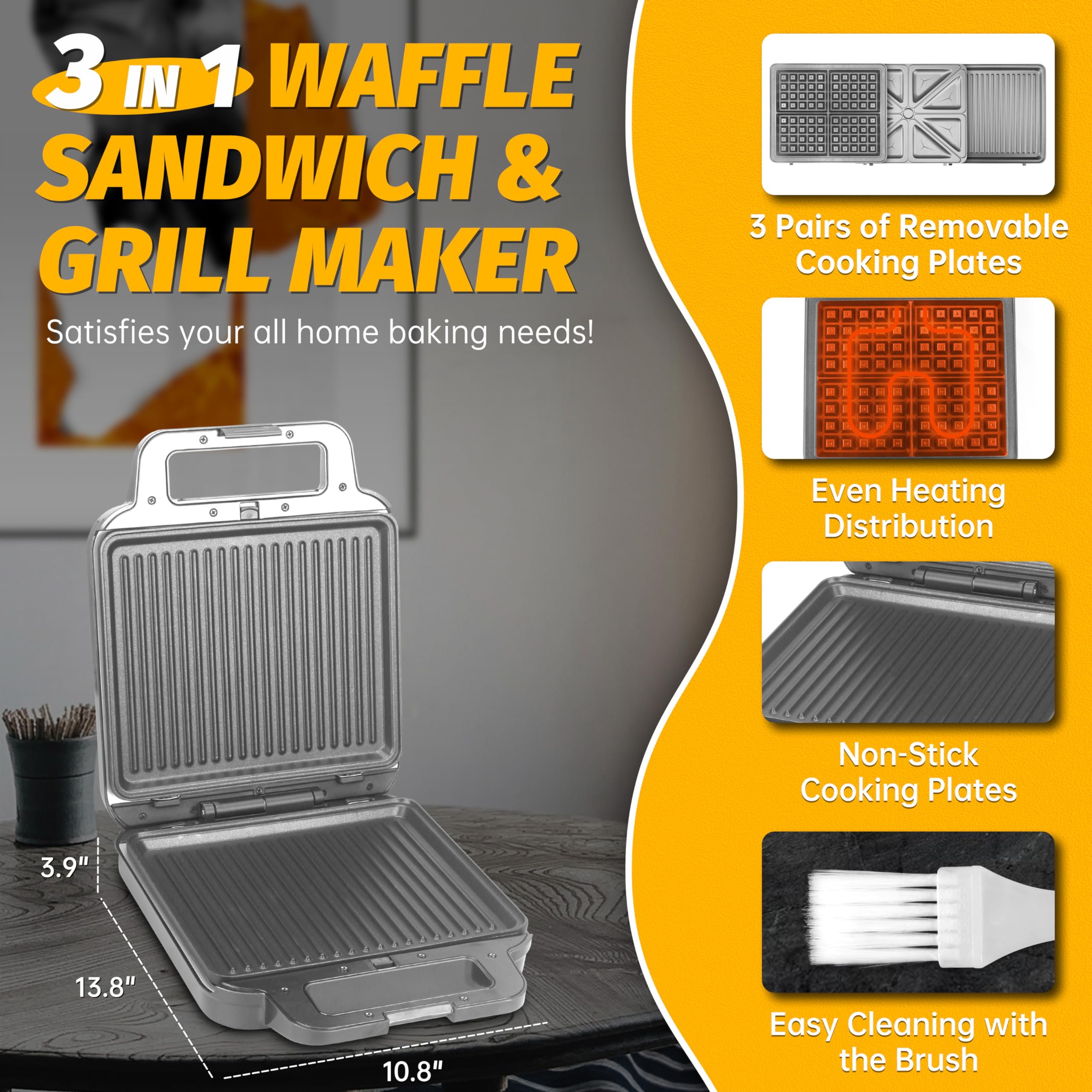 3-in-1 Electric Panini Grill Press & Sandwich Maker - Nonstick Removable Plates for Breakfast Sandwiches, Grilled Cheese & Belgian Waffles - Perfect for Home, Office & Camping Cooking
