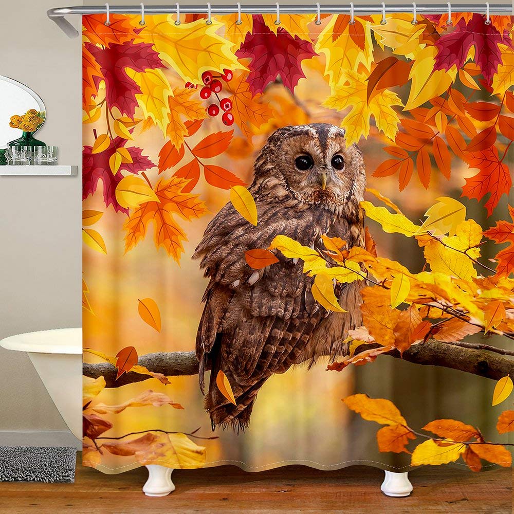 Owl Shower Curtain with Autumn Leaves Design - Ultra Soft Bathroom Decor for Kids, Boys, Girls, Men & Women - 72x84 Inch Waterproof Shower Curtain - Perfect for Nursery, Kids' Bathroom or Nature-Themed Decor