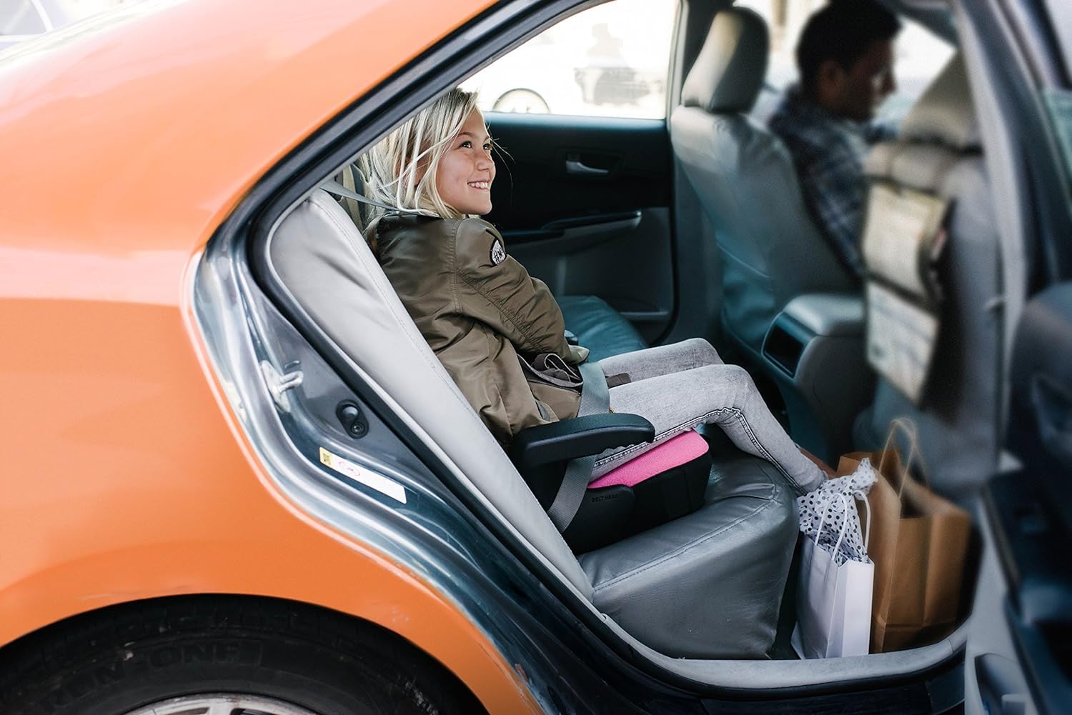 Clek Olli Backless Booster Car Seat for Kids - Extra Padding & Comfort Cube Design with Quick-Release Strap & Rigid LATCH System (Thunder) - Safe Travel for School, Road Trips & Everyday Use