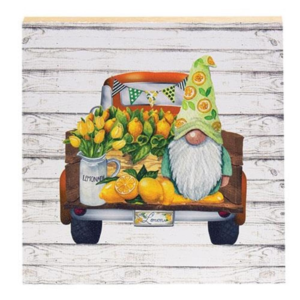 Lemon Gnome & Truck Square Block - Whimsical Garden Decor for Outdoor & Indoor Use - Perfect for Patio, Lawn, and Home Decoration