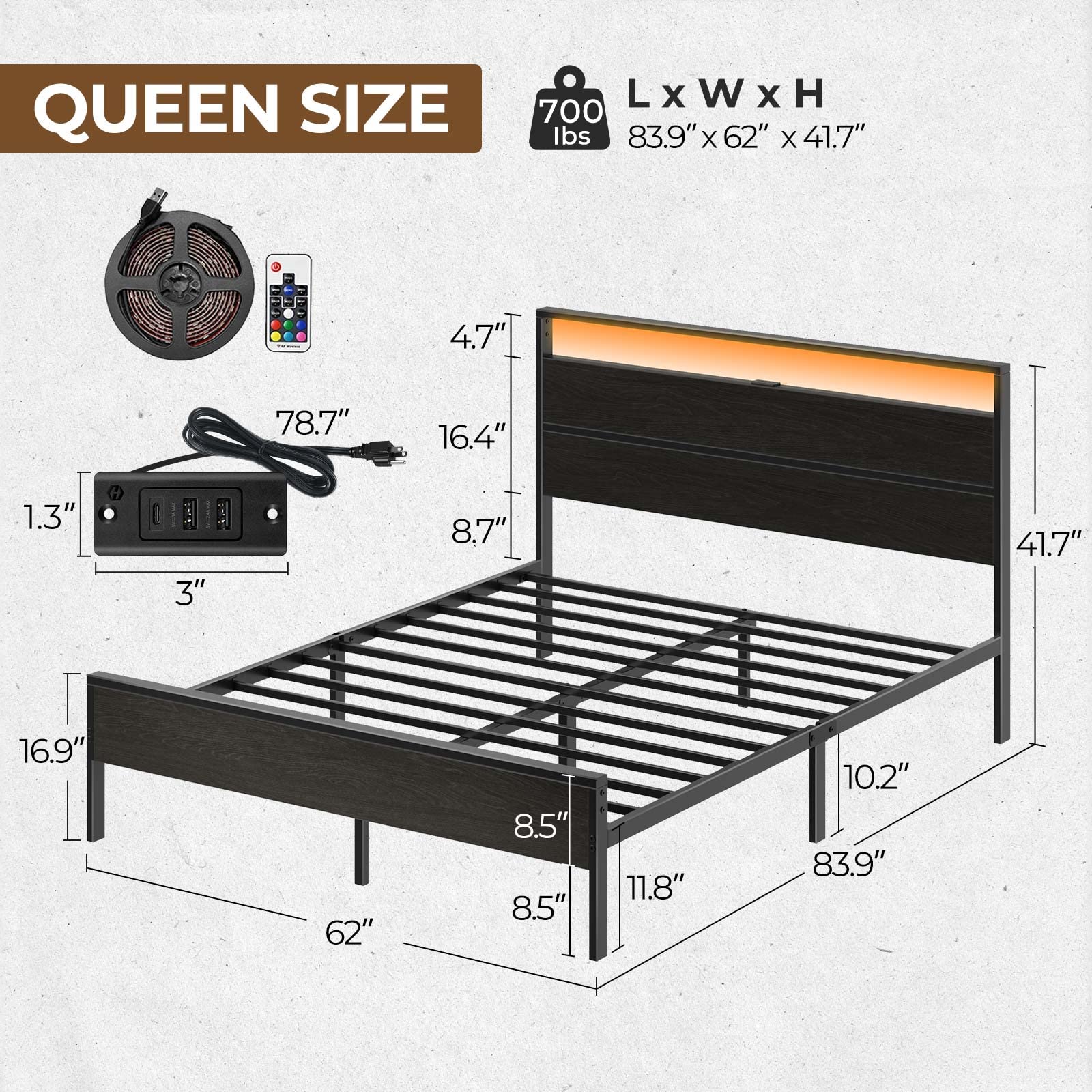 Rolanstar Queen Bed Frame with USB Charging Station & LED Headboard - Sturdy Metal Platform, Noise-Free Design, 10.2