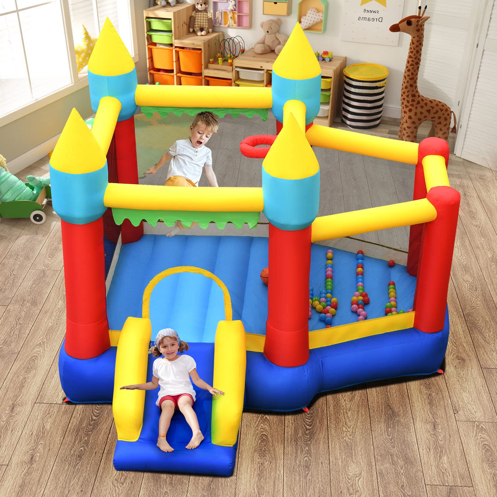 HONEY JOY Inflatable Bounce House with Slide & Ball Pit - Kids Outdoor Play Center for Birthday Parties, Backyard Fun, and Summer Activities - Includes Basketball Hoop & Stakes (Blower Not Included)