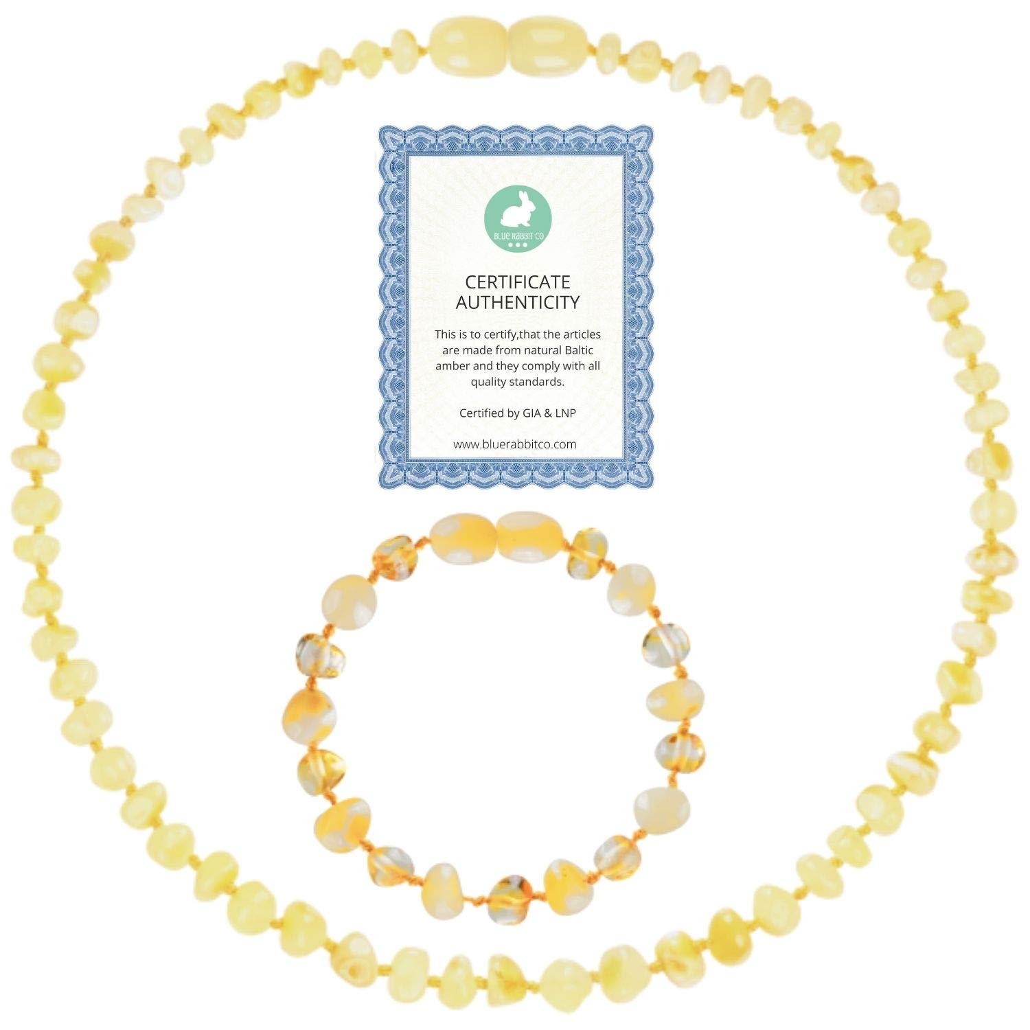 GIA Certified 100% Pure Baltic Amber Necklace and Bracelet Set (13in + 5.5in) - Unisex Lemon Milk Amber Jewelry for Pain Relief & Teething | Natural Healing Jewelry for Babies, Kids & Adults