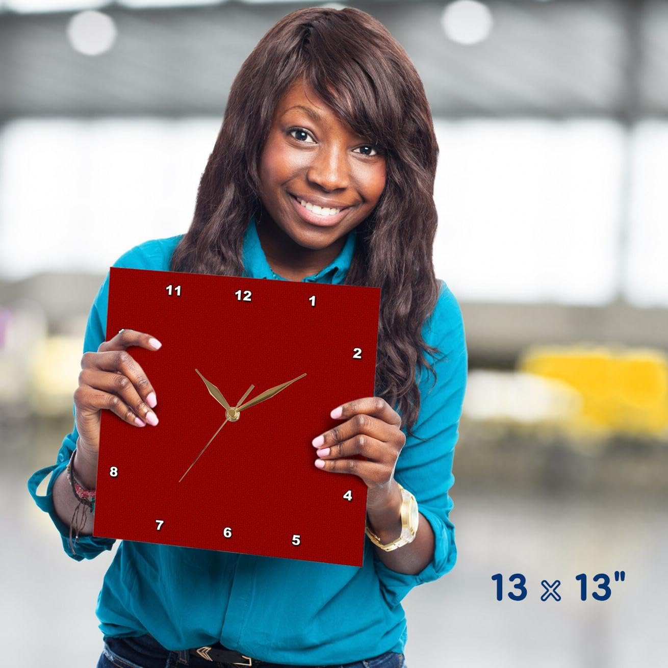 3D Rose Dark Red and Light Red Square Patterns Wall Clock - 13x13 Inch Modern Home Decor for Living Room, Bedroom, Office