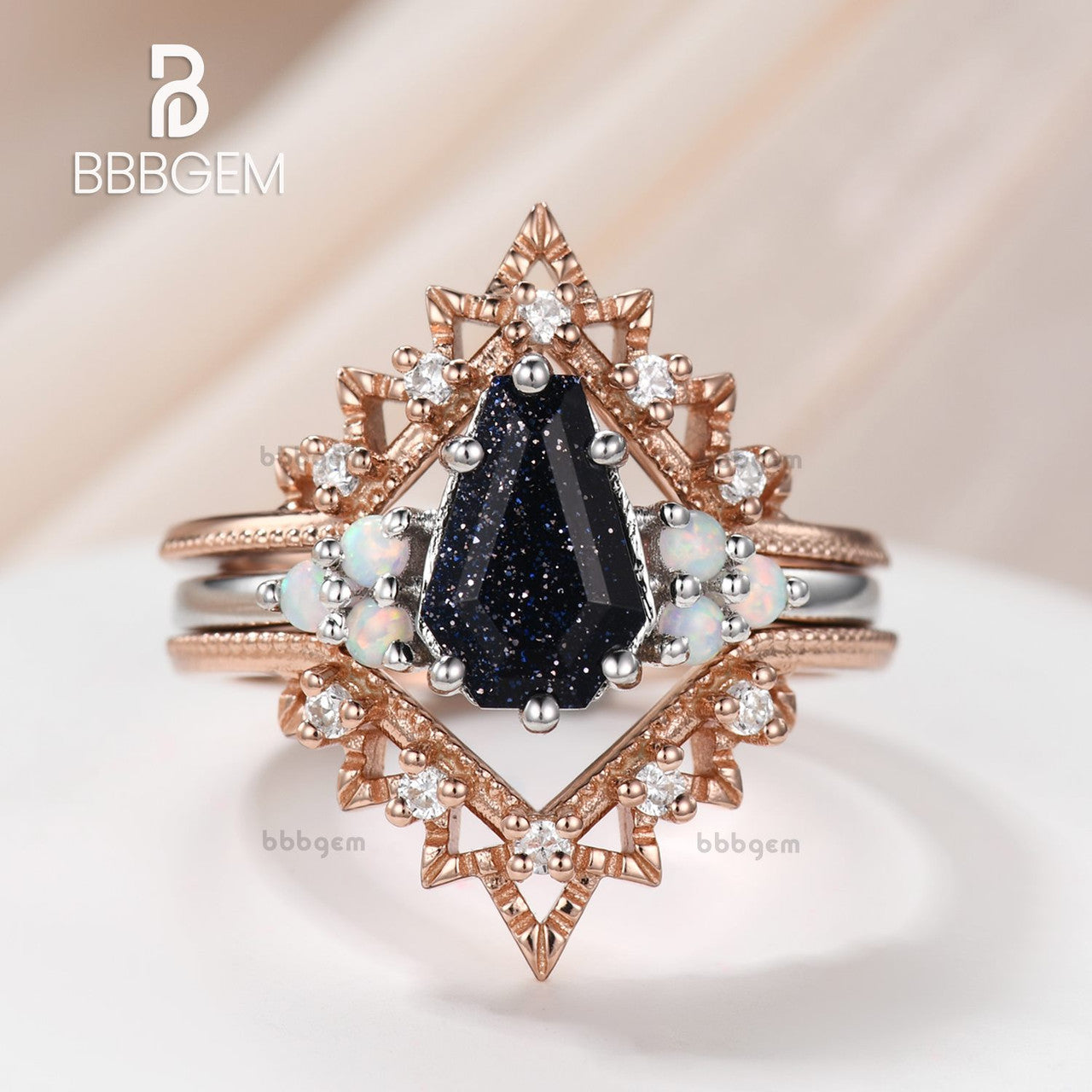 3 Pcs Gothic Galaxy Blue Sandstone Opal Diamond Coffin Cut Engagement Ring Set - Two Tone Statement Jewelry for Women - Perfect for Gothic Weddings, Vampire Themed Parties & Alternative Fashion