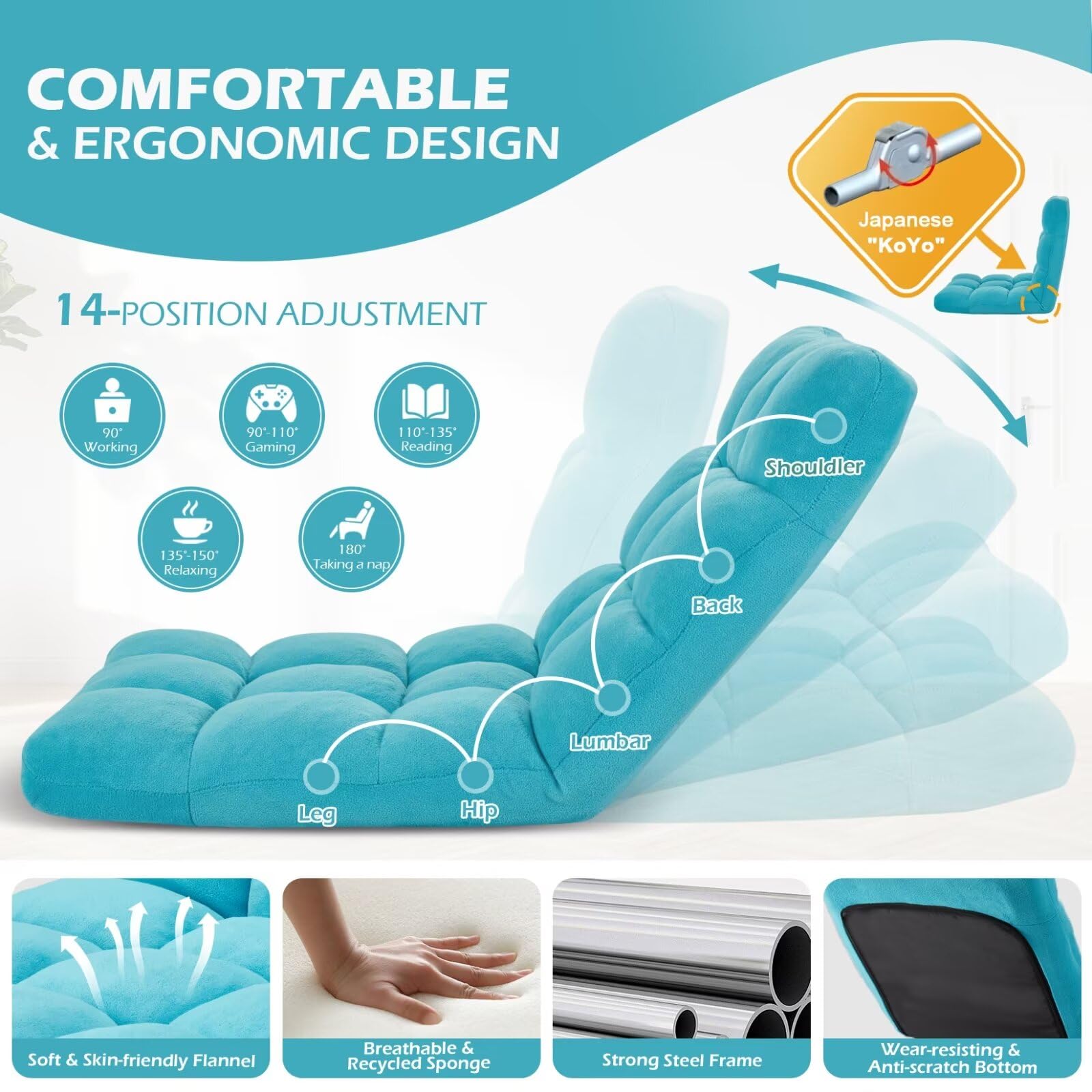 14-Position Adjustable Folding Floor Gaming Chair with Breathable Cotton & Velvet Cover - Ergonomic Lazy Sofa for Adults & Kids - Perfect for Gaming, Reading, Meditation, and Relaxing at Home (Baby Blue)