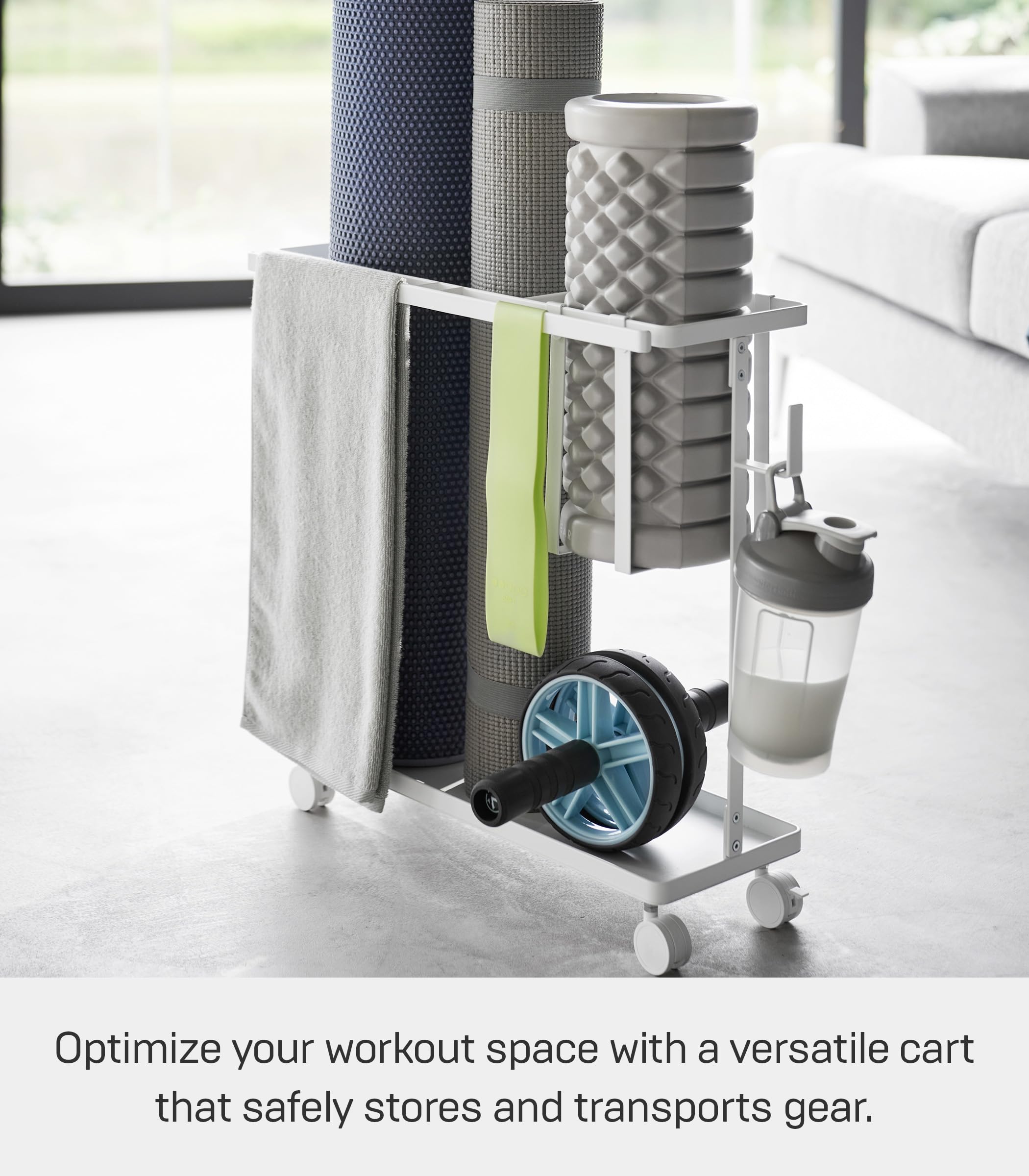 Yamazaki Home Slim Rolling Fitness Rack with Adjustable Holder - Steel Storage Organizer with Casters & Hooks for Gym Equipment - Perfect for Home Workout Spaces & Garage Organization