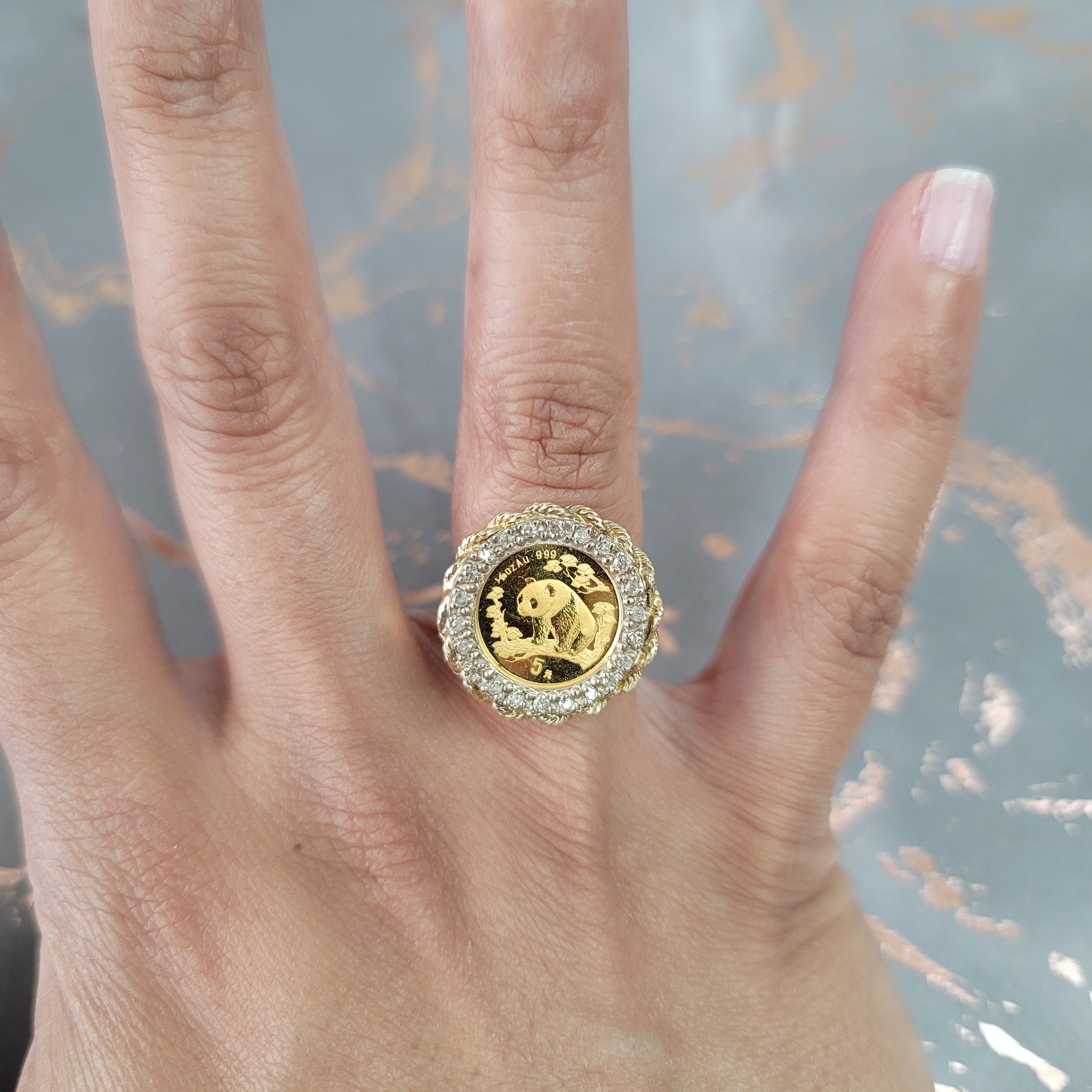 14K Yellow Gold Panda .999 Diamond Halo Ring with Rope Bezel - Elegant Jewelry for Weddings, Anniversaries & Special Occasions