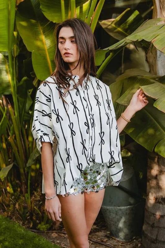 BiBi Bow Ribbon Woven Printed Button Down Shirt for Women - Stylish Casual Blouse for Office, Date Night & Spring Outfits
