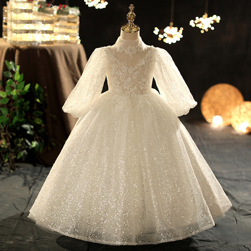 First Communion Dress for Girls - Long Sleeve Sequin Flower Girl Dress, Pageant Princess Gown for Weddings & Special Occasions